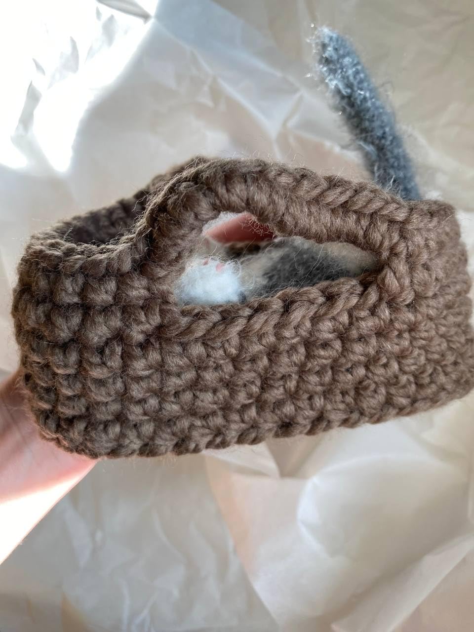 Fluffy Sleeping Kitten Dark Grey Crochet Toy for Toddlers