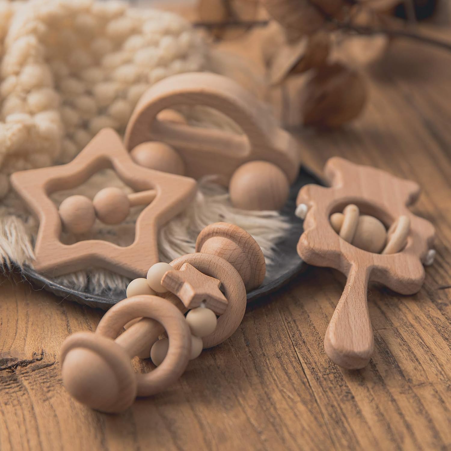 HI BABY MONMENT 4PC Wooden Rattle Set for 36 Months