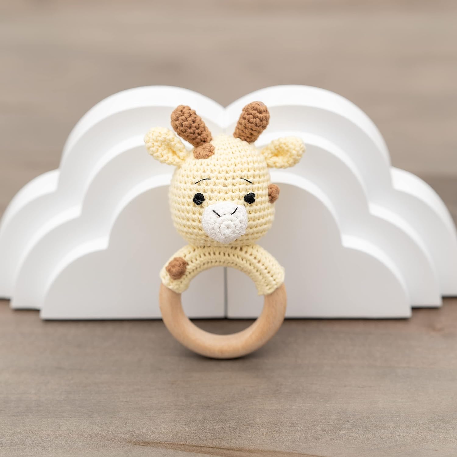 Handmade Cotton Giraffe Rattler with Wooden Handle