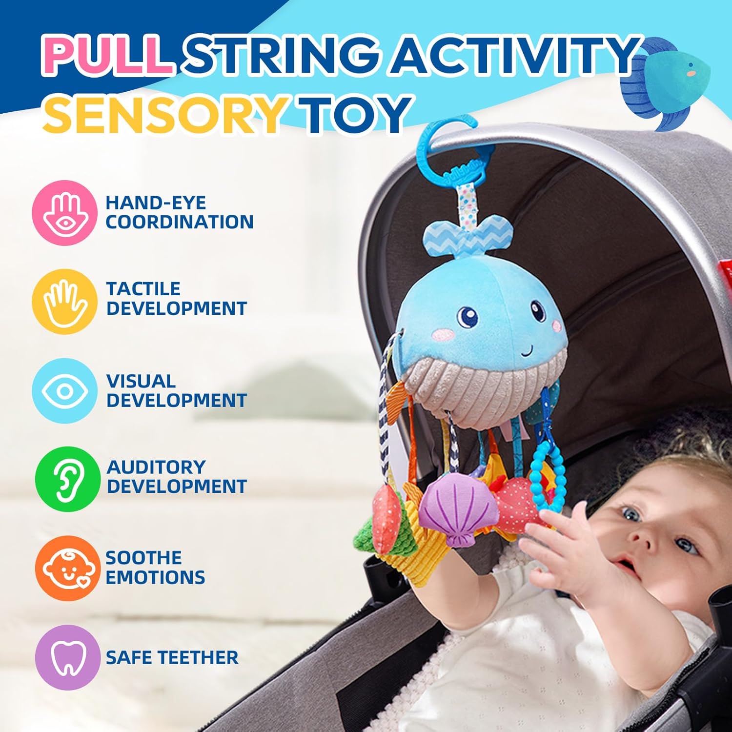 Jollybaby Whale Pull String Toy for Baby 0-18 Months