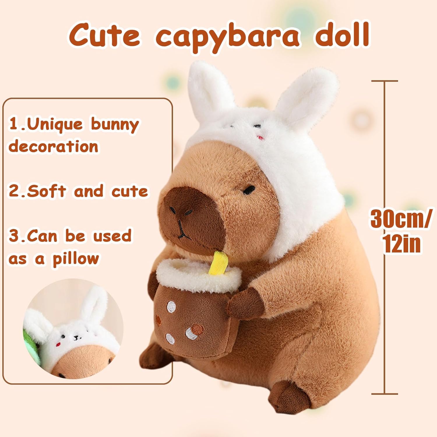12 Inch Capybara Plush Pillow Kawaii Bunny Stuffed Animal Toy