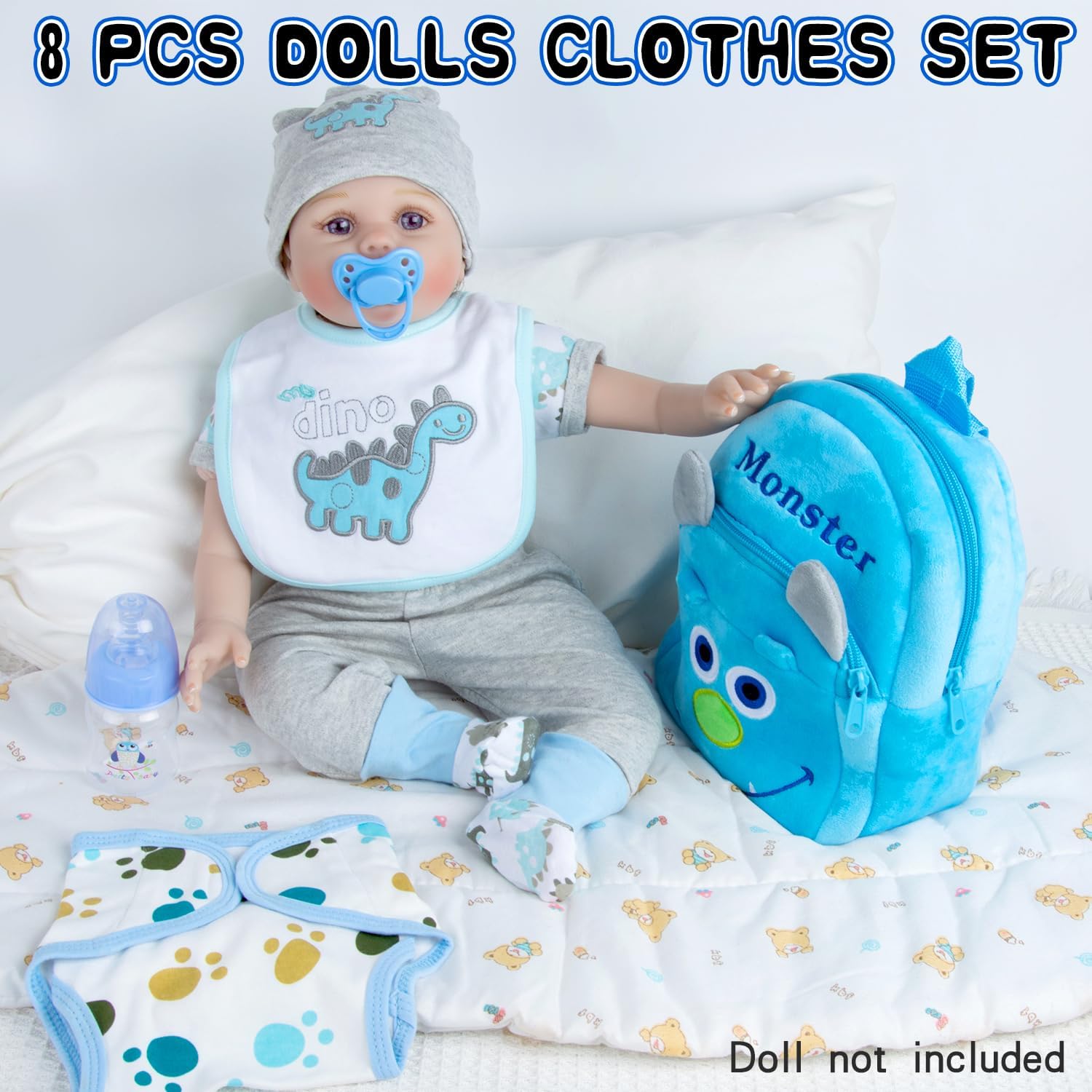 Pedolltree 9 Pcs Reborn Baby Doll Blue Dinosaur Outfit Accessories Set