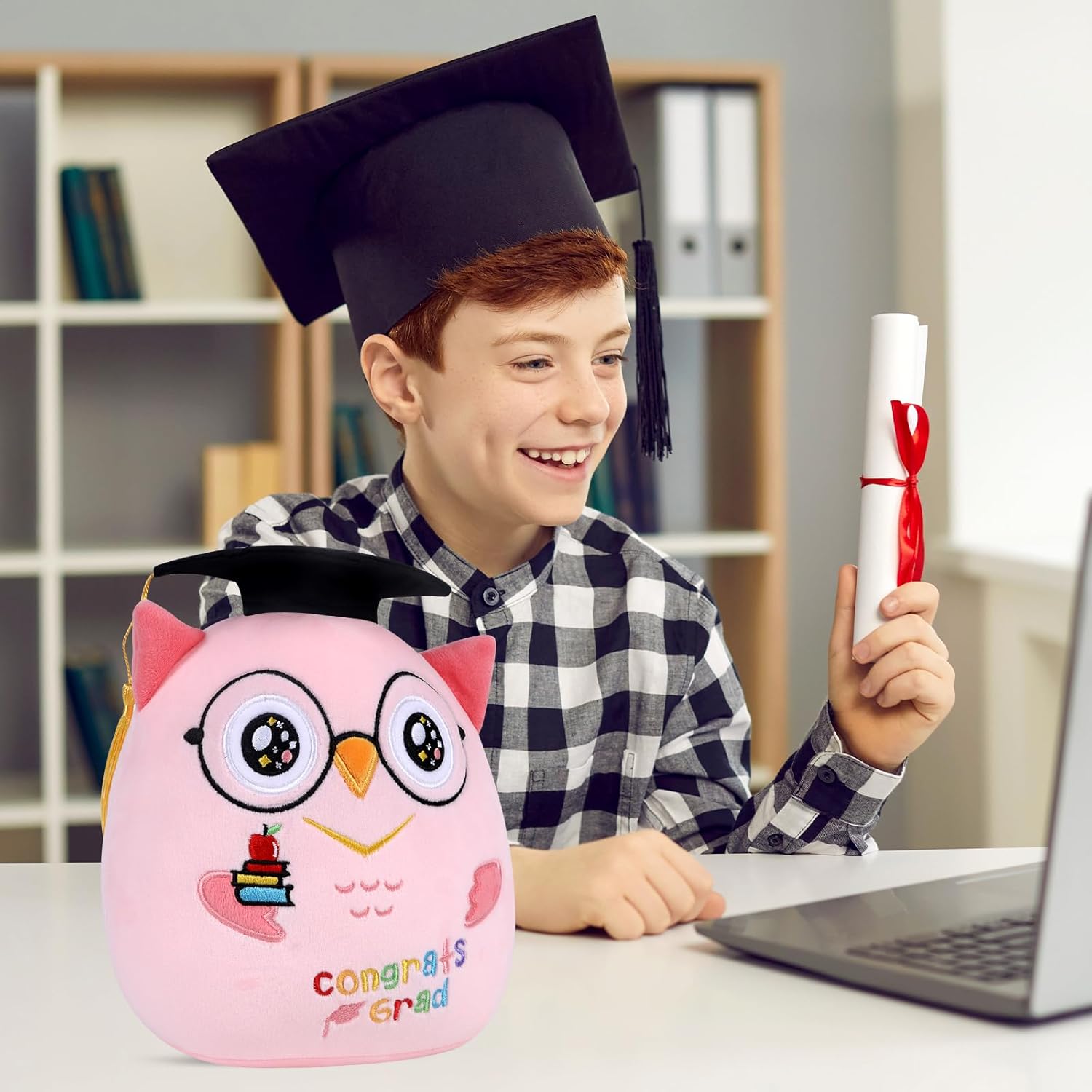 Pink Owl Graduation Plush 8 Inch Commemorative Graduation Pillow with Black Cap