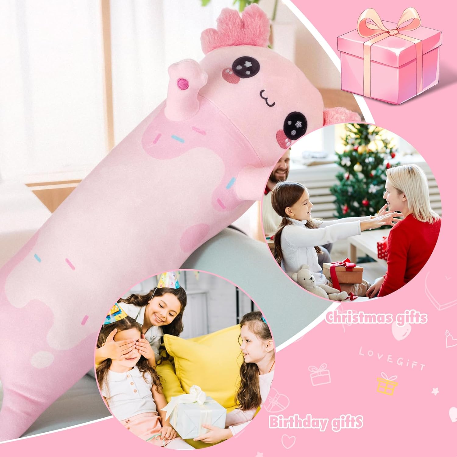 Pink Axolotl Plush Pillow 28 Inch Cute Stuffed Animal for Kids