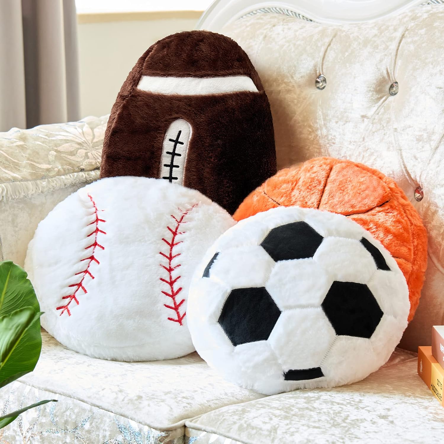 Juexica 4 Pcs Sports Throw Pillows Plush Soccer Basketball Baseball Football Cushion