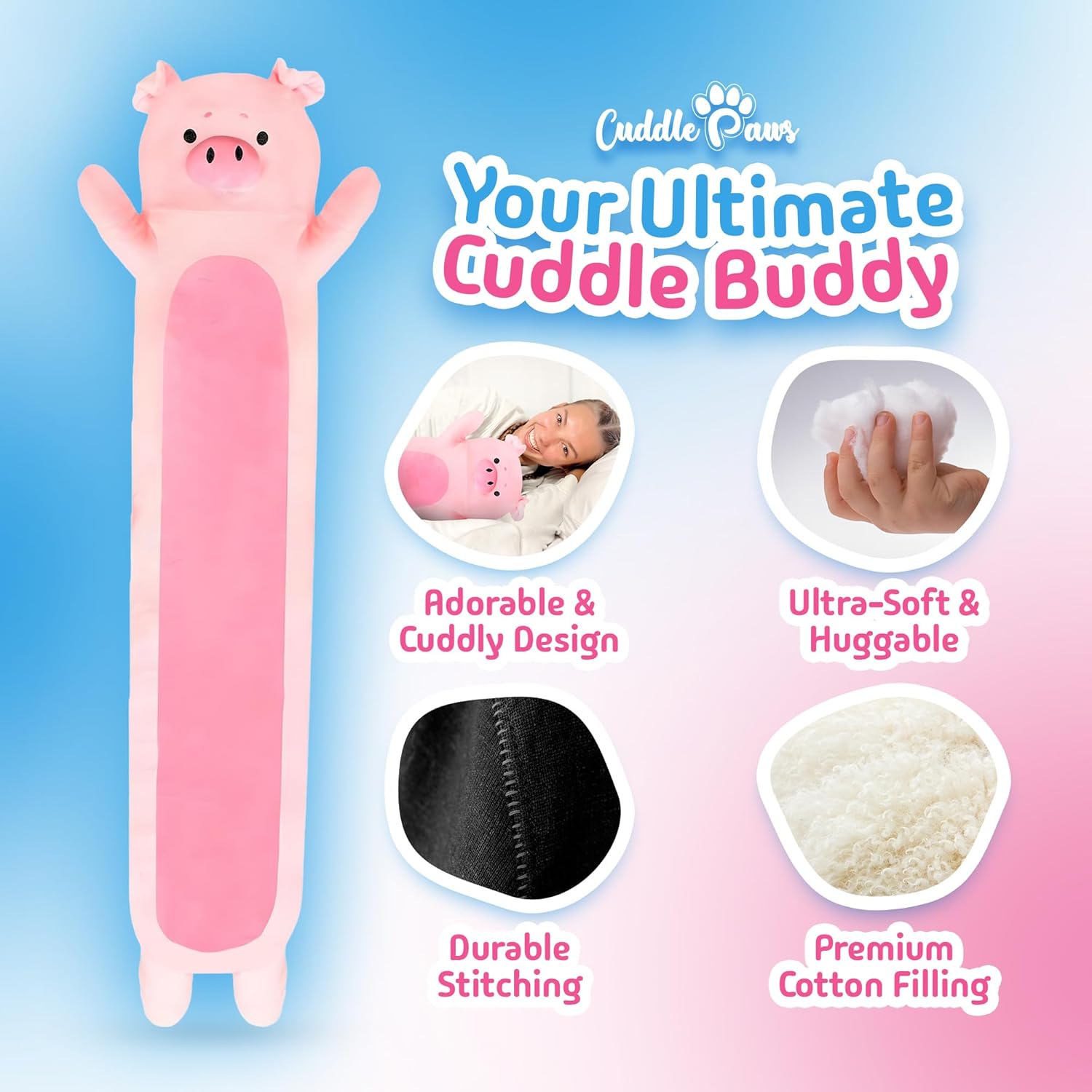 Cuddle Paws Big Pig Plush Pillow Soft Snug for Kids