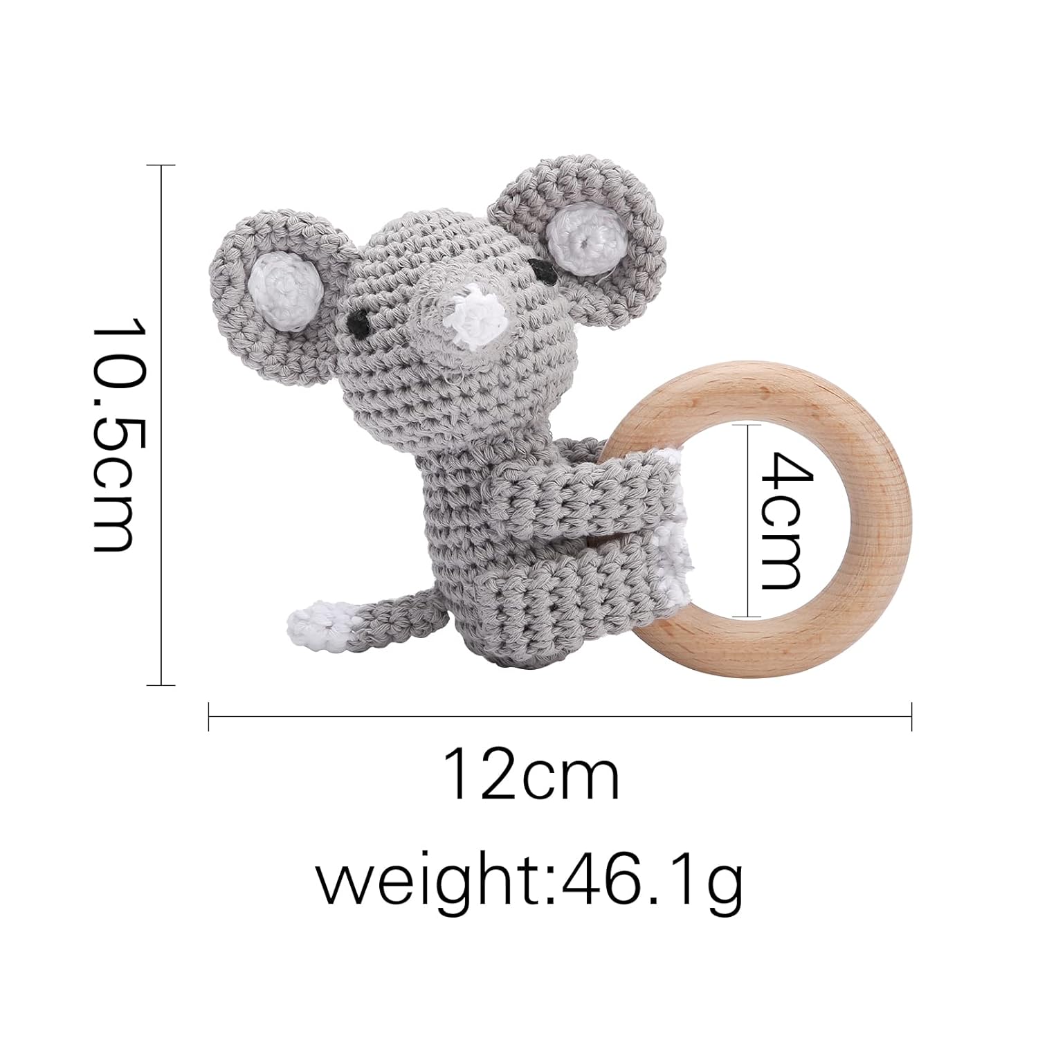 Wooden Teether Crochet Baby Rattle - Gray Elephant