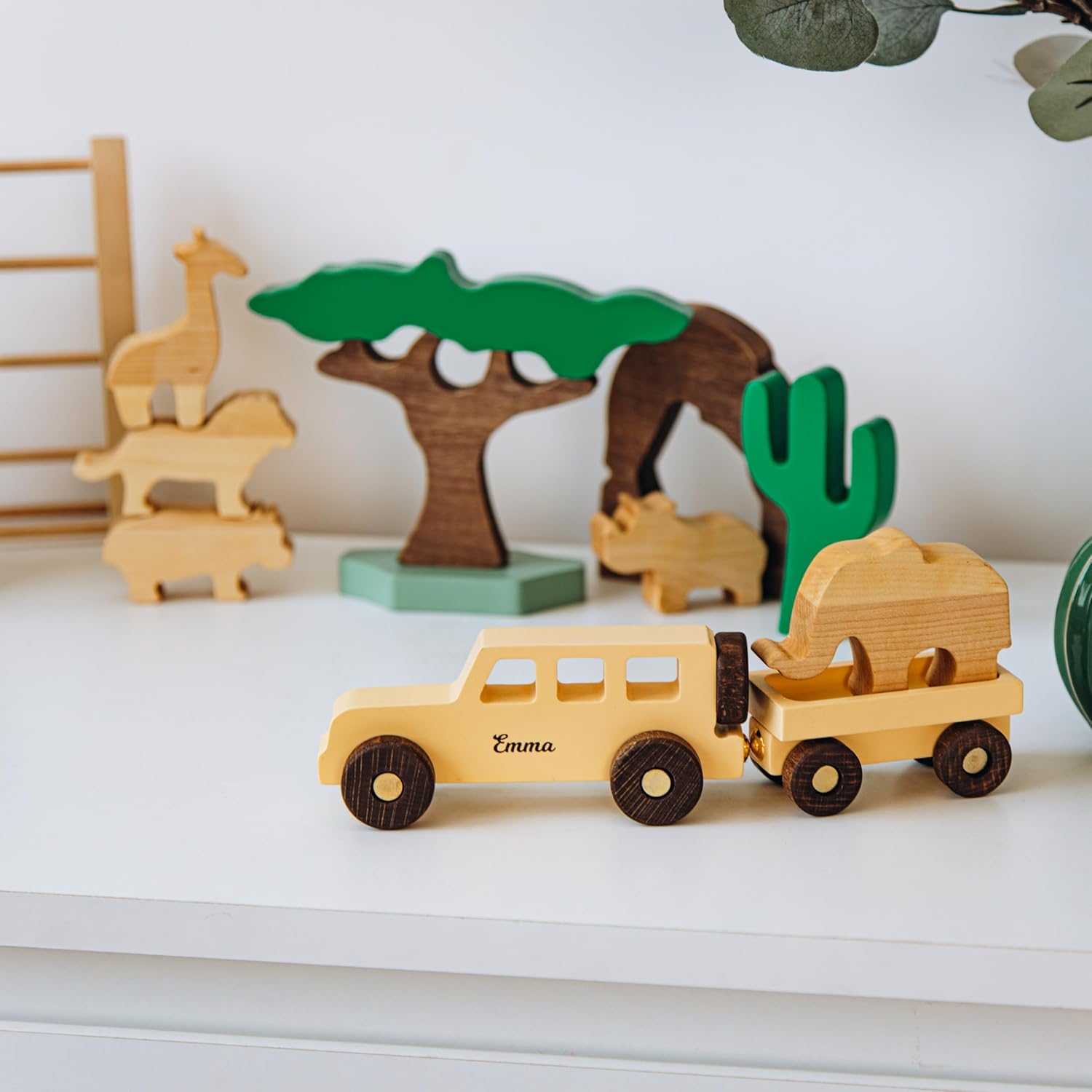 Personalized Wooden Car Dinosaur Play Set for Kids