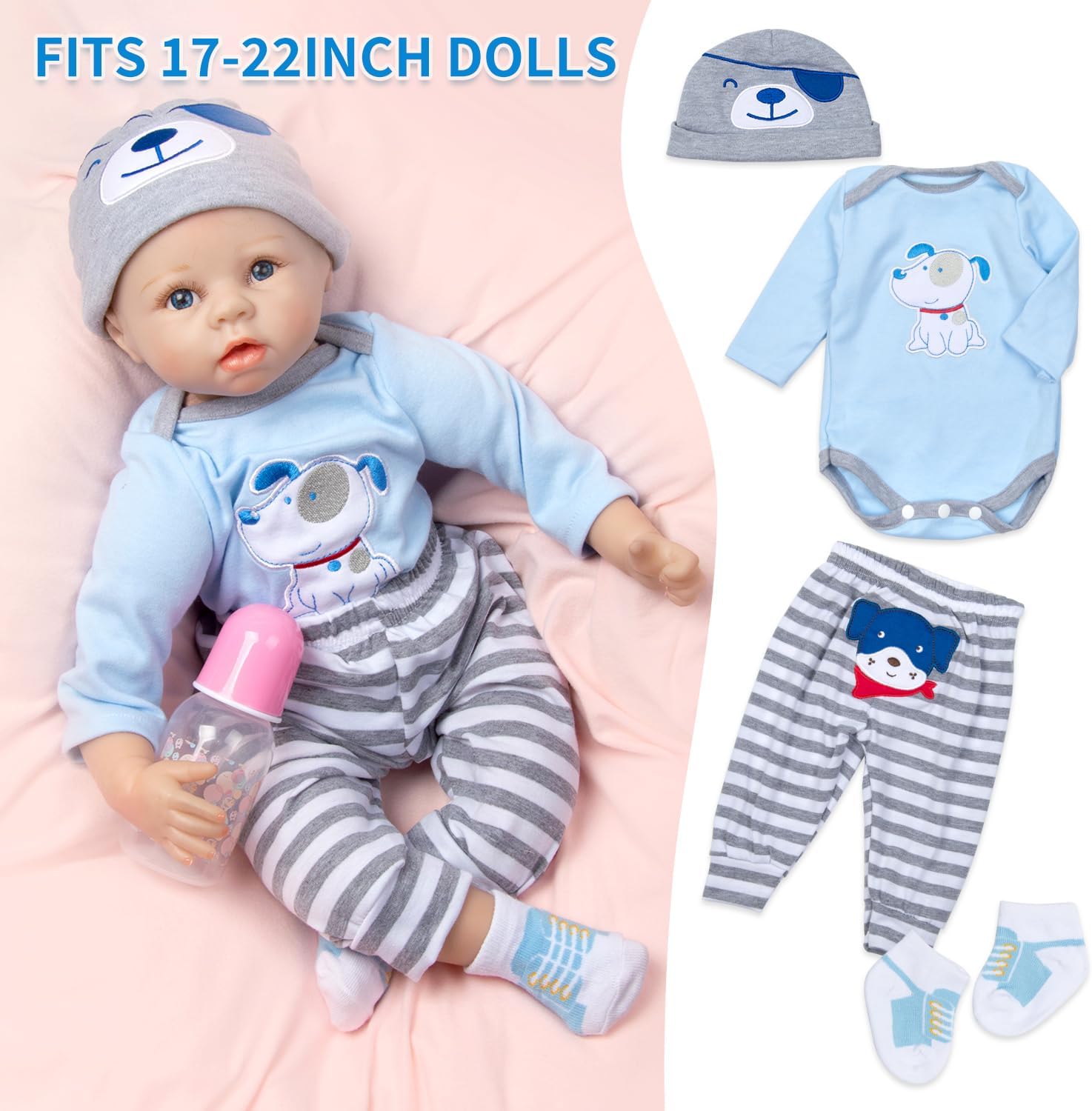 PEDOLLTREE Blue Puppy Reborn Baby Doll 11 Pcs Outfit Set