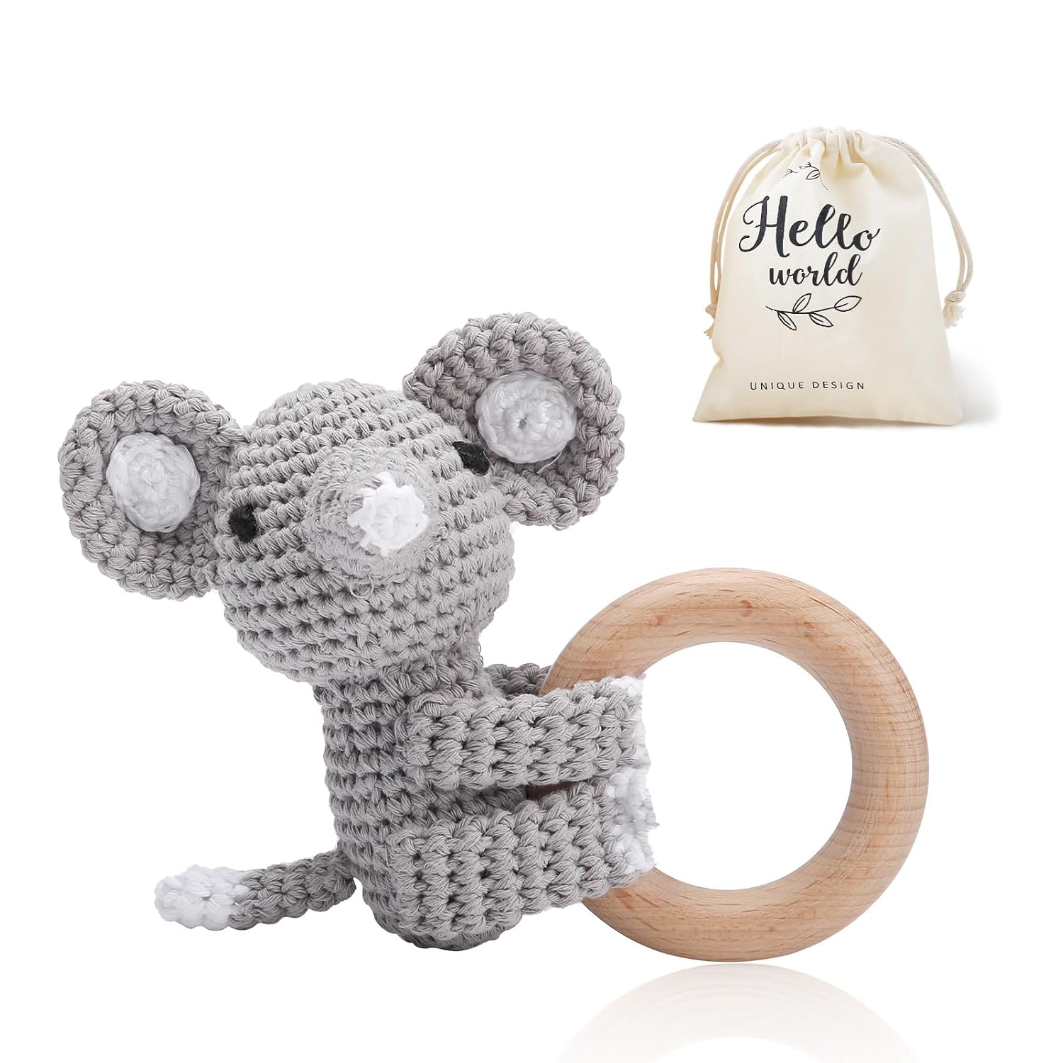 Wooden Teether Crochet Baby Rattle - Gray Elephant