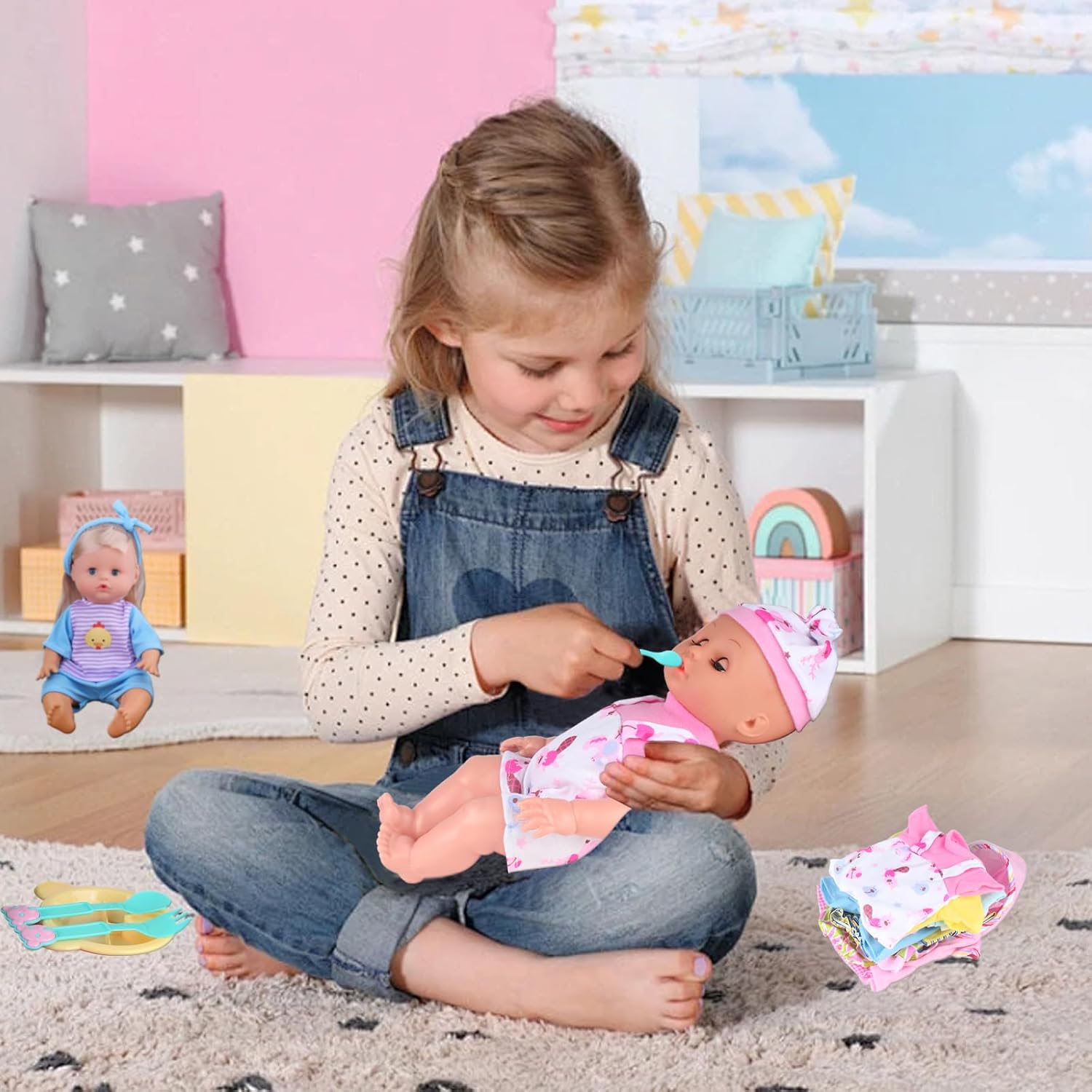 Young Buds 10 Sets Baby Doll Clothes with Schoolbag Cutlery Toys