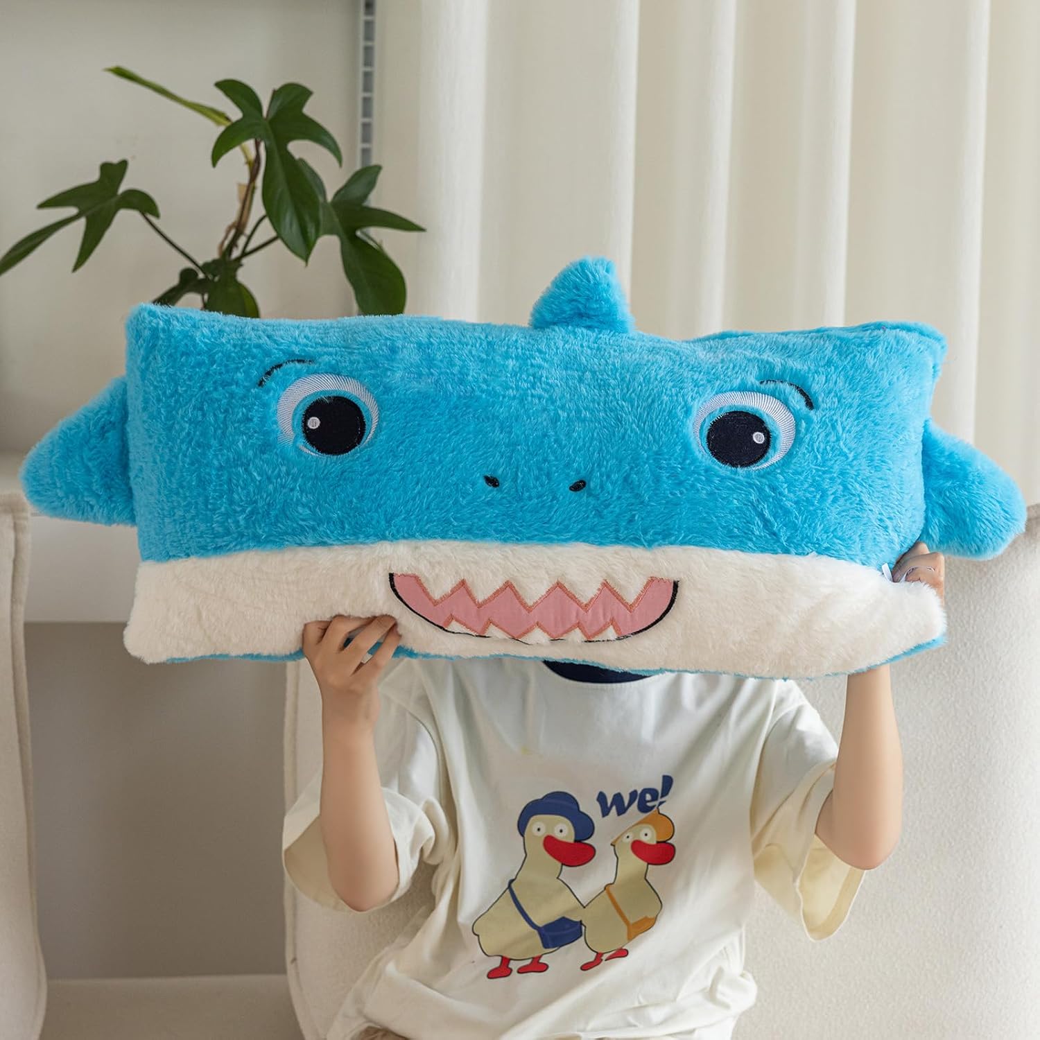 Snugtown Shark Plush Lumbar Pillow 12 x 24 Inches Baby Blue