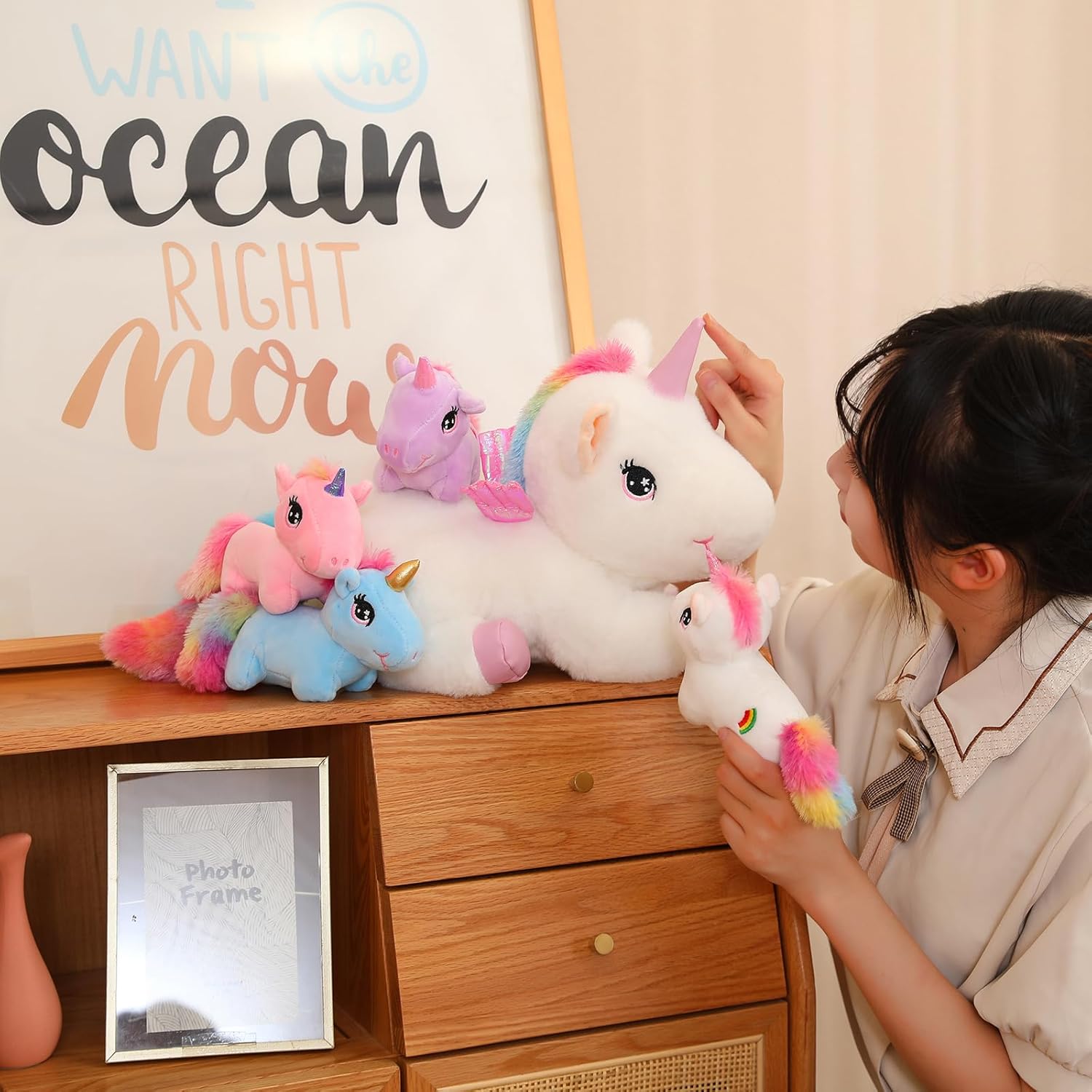 SQEQE Rainbow Unicorn Plush Pillow with 4 Baby Friends