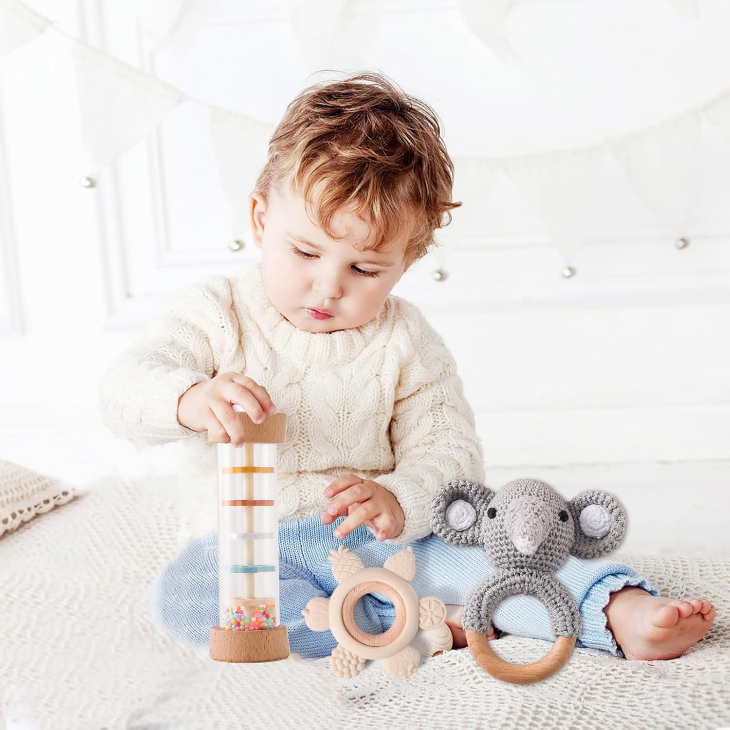 Youuys Wooden Baby Rattle Set 3pcs Gray Elephant