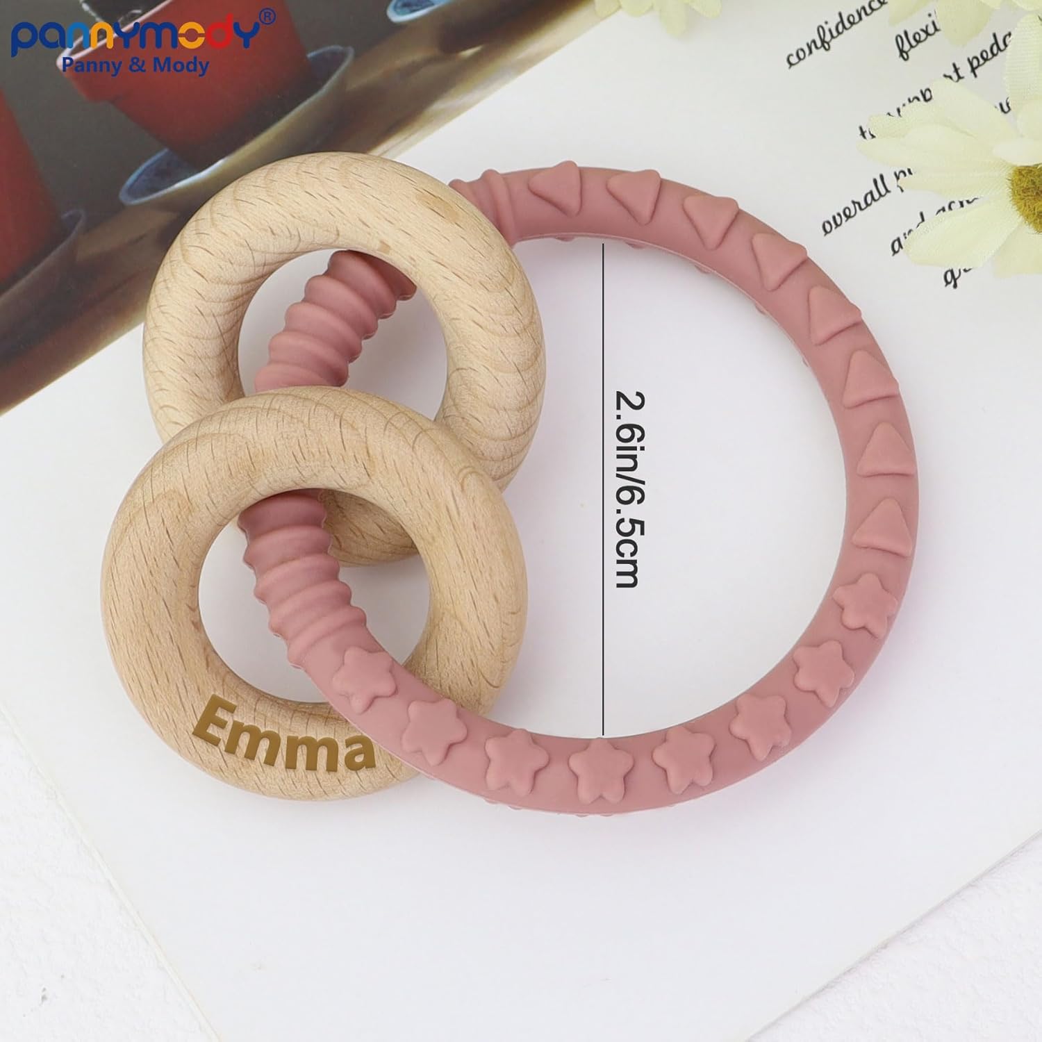 Personalized Name Baby Rattle Teether Ring Pink