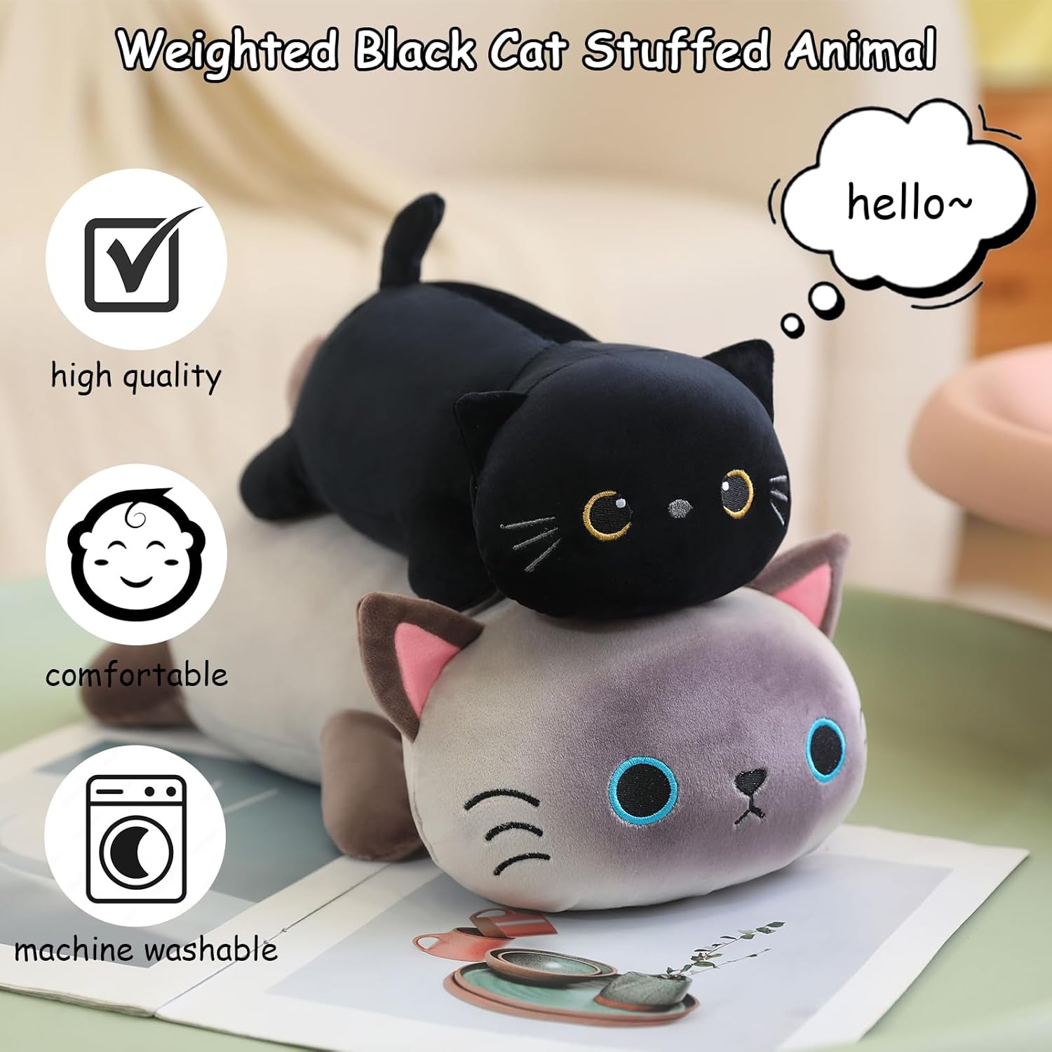 SQEQE Weighted Black Cat Plush 138 Inch 16 Lbs