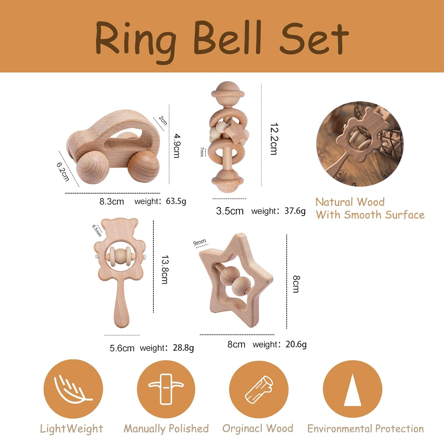 HI BABY MONMENT 4PC Wooden Rattle Set for 36 Months