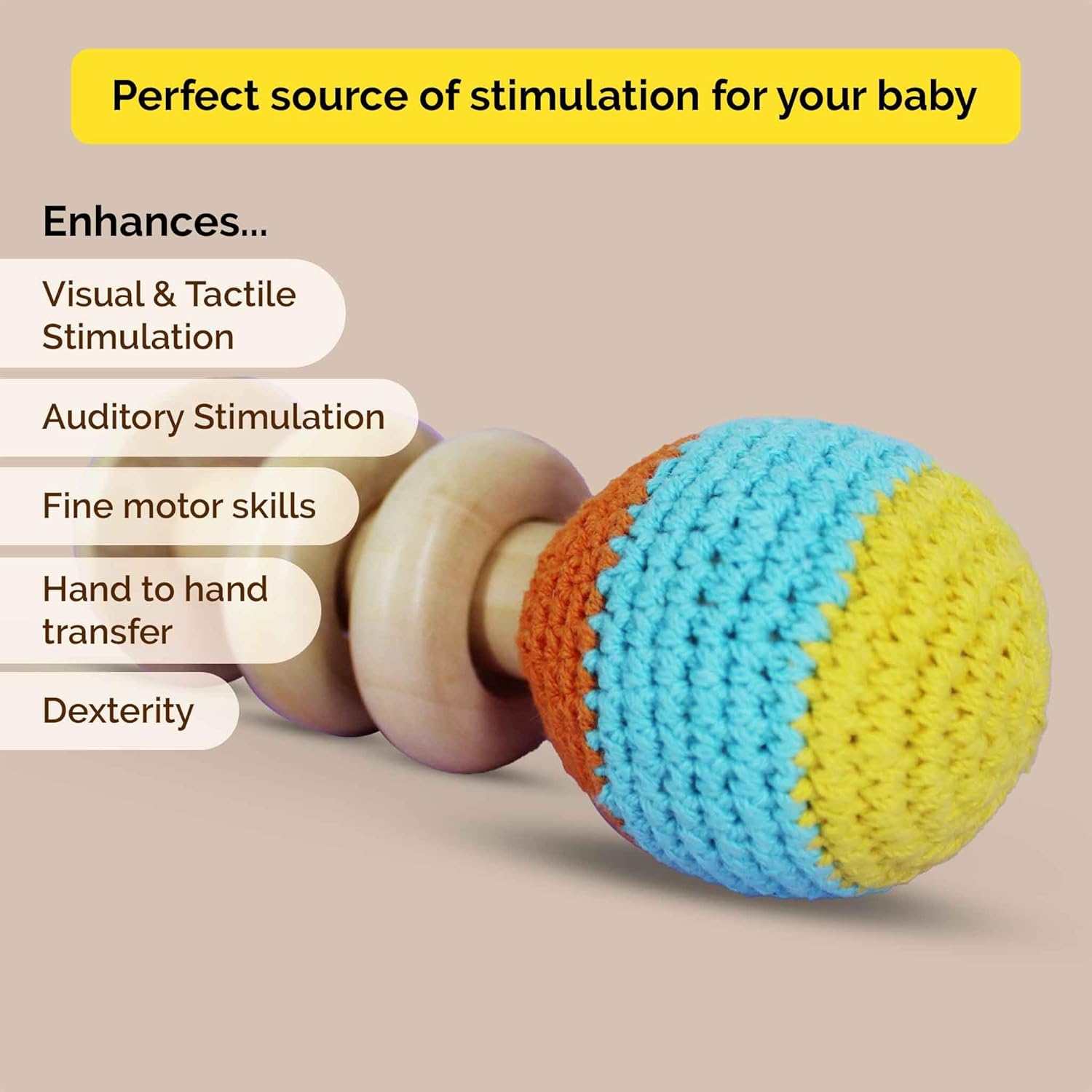 Shumee 5 Inch Crochet Wooden Baby Rattle for Newborn