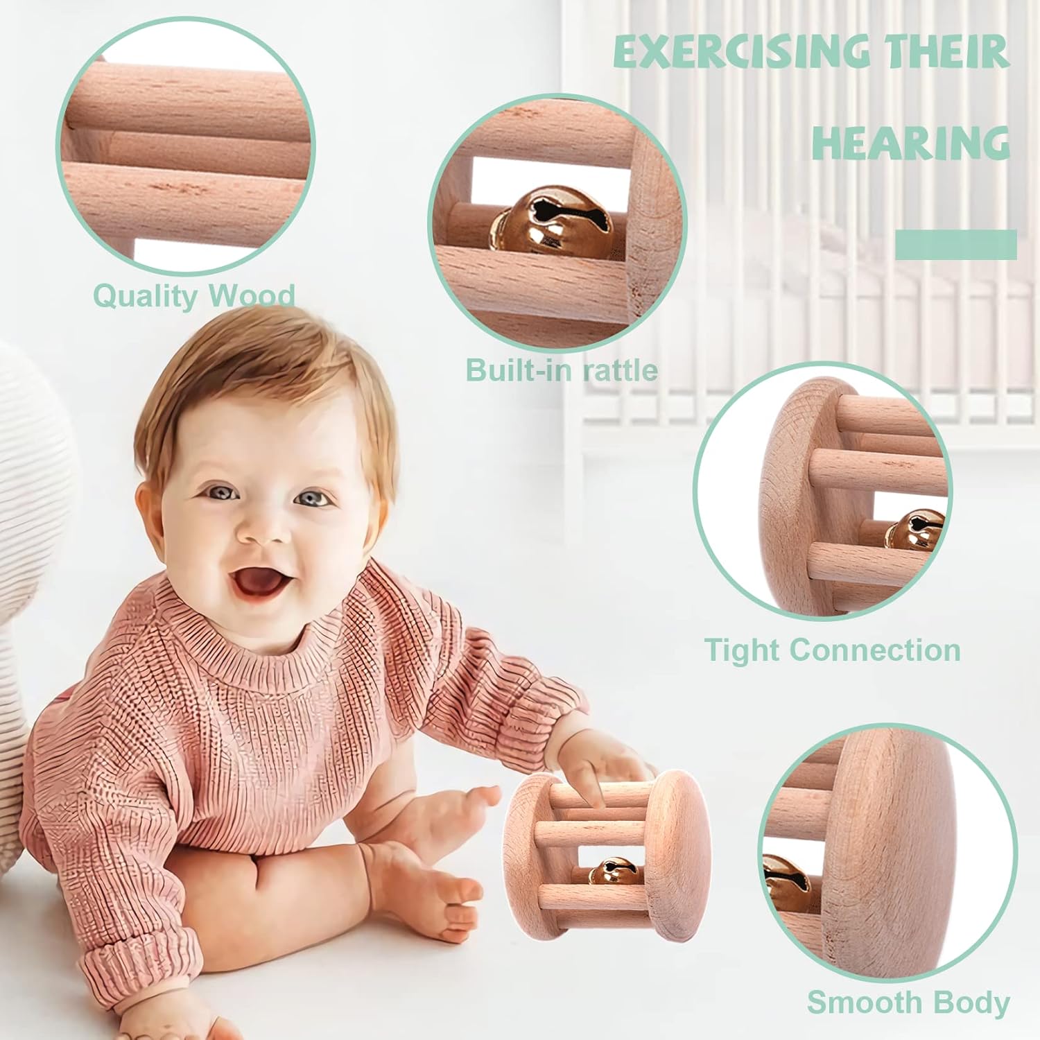 6 Pieces Wooden Baby Rattle Toy Set for 0-6 Months