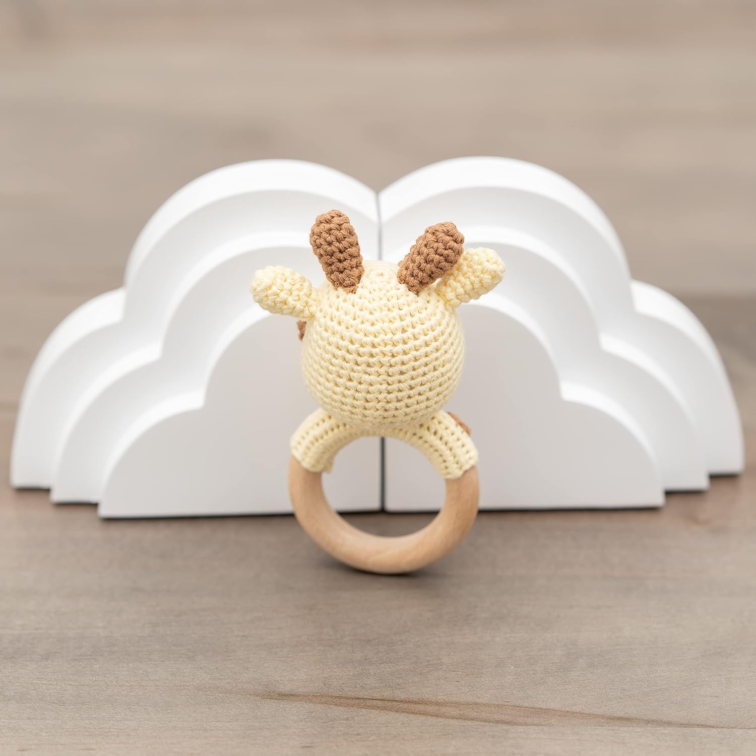 Handmade Cotton Giraffe Rattler with Wooden Handle