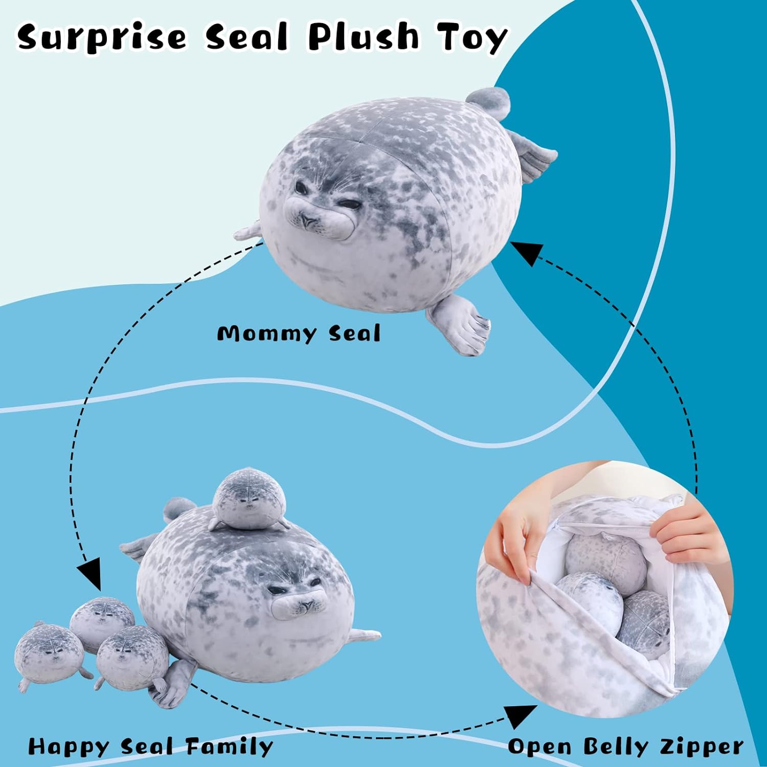 Chubby Blob Seal Pillow with 4 Baby Plushies