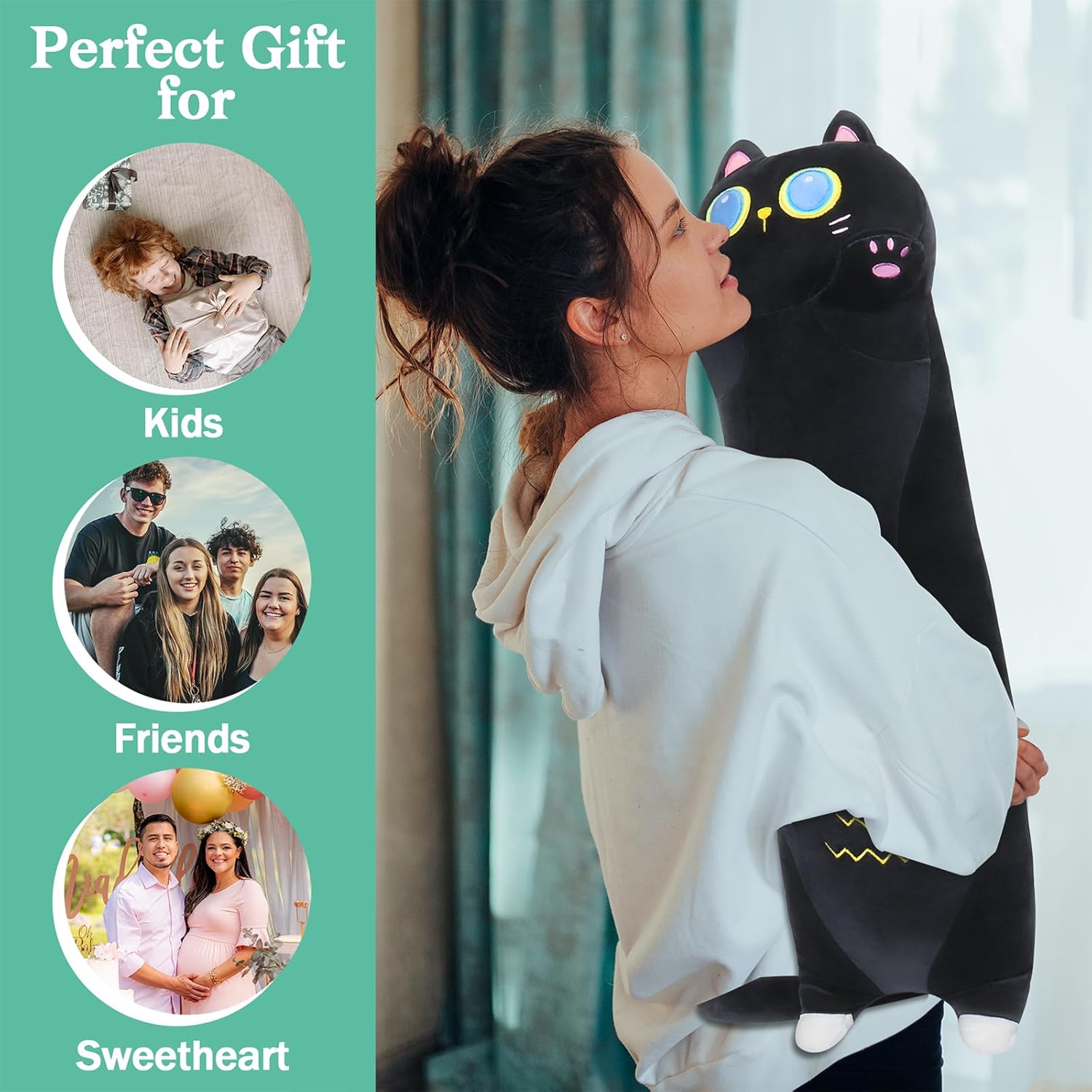Sprinqdawin Long Black Cat Plush Pillow 355 Cuddly Weighted Stuffed Animal