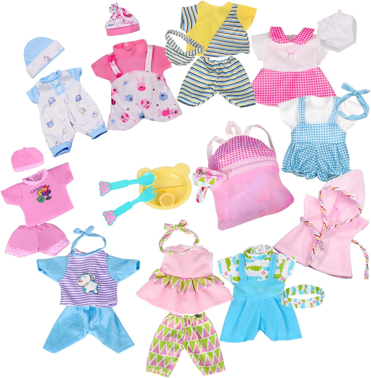 Young Buds 10 Sets Baby Doll Clothes with Schoolbag Cutlery Toys