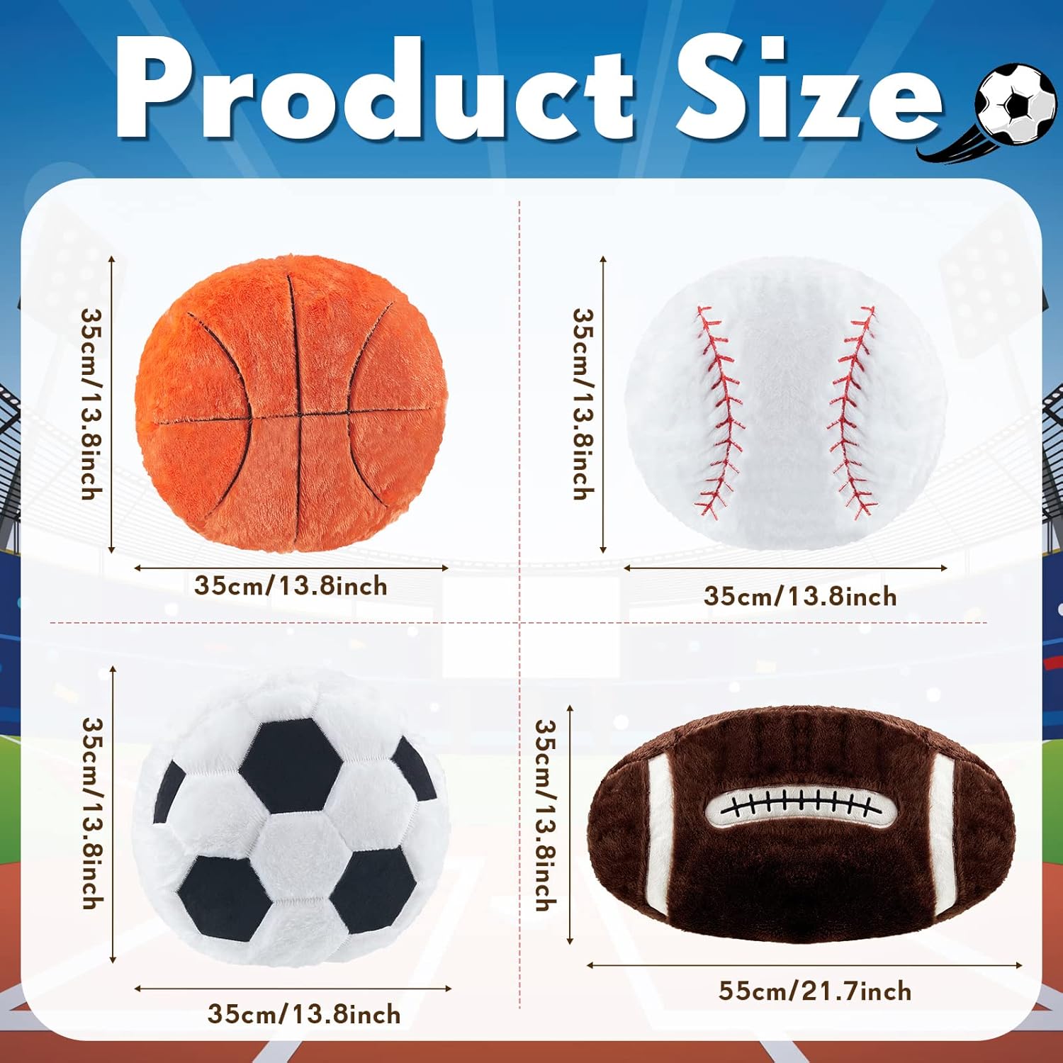 Juexica 4 Pcs Sports Throw Pillows Plush Soccer Basketball Baseball Football Cushion