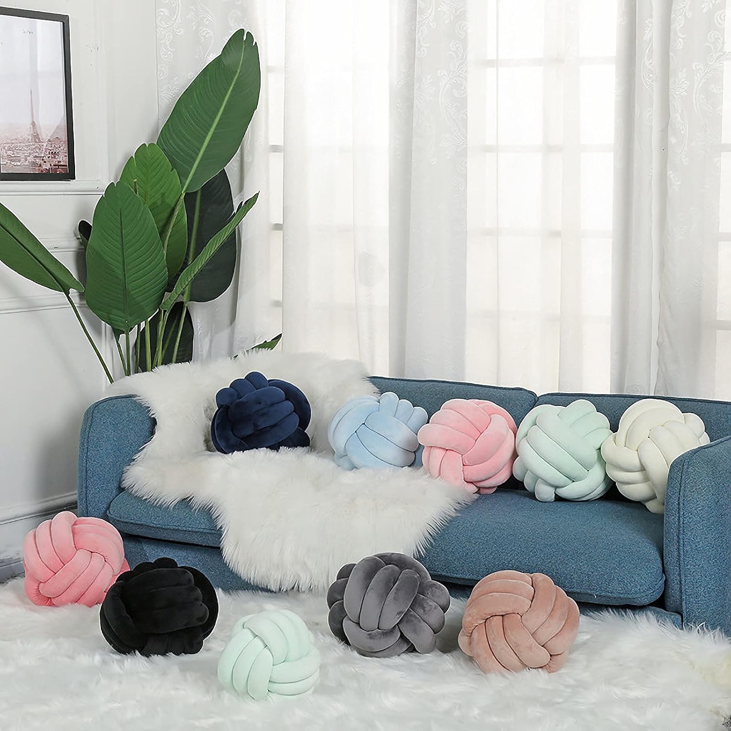 PUXU Knot Pillow Ball Round Plush Cushion Mint 85in22cm