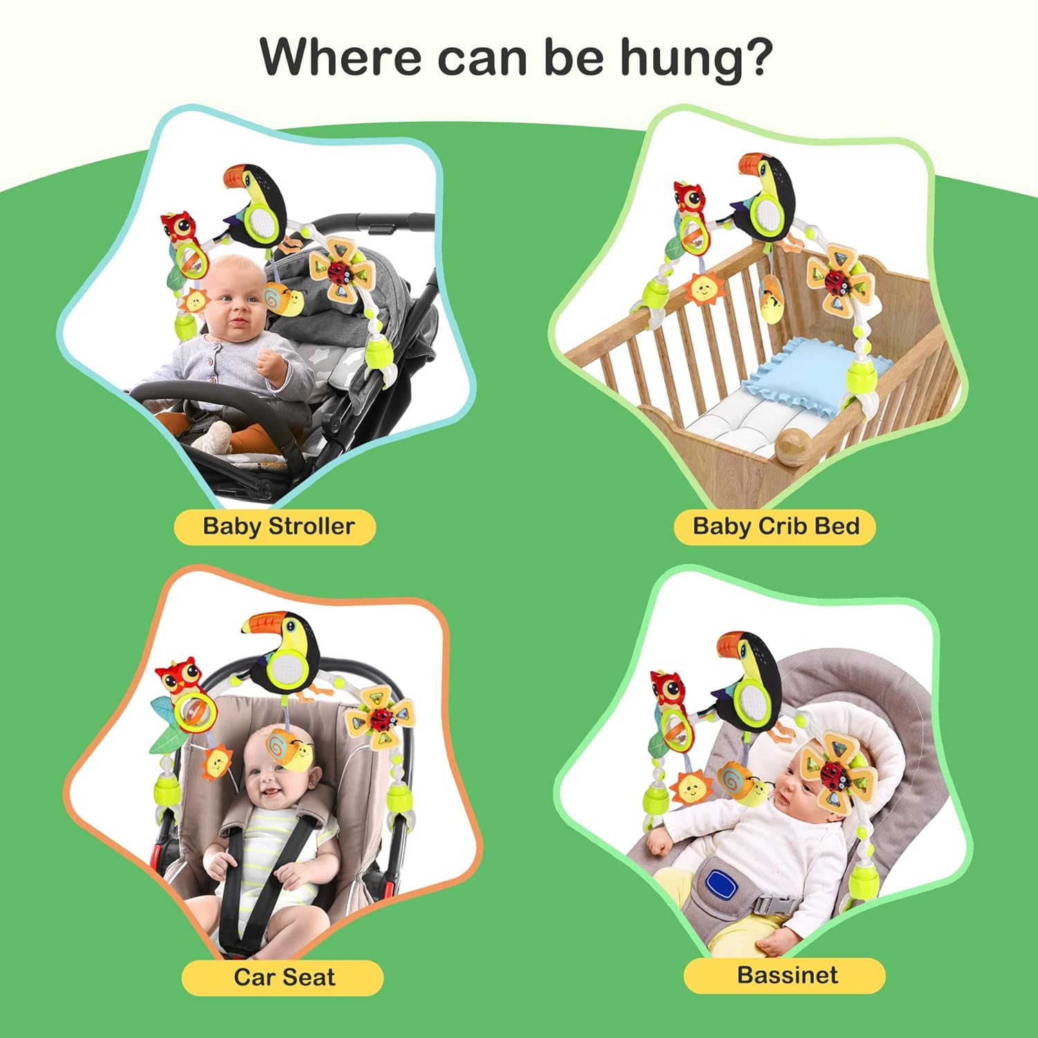 Baby Stroller Arch Toy with Teether Rattle Crinkle Mirror and Music Box