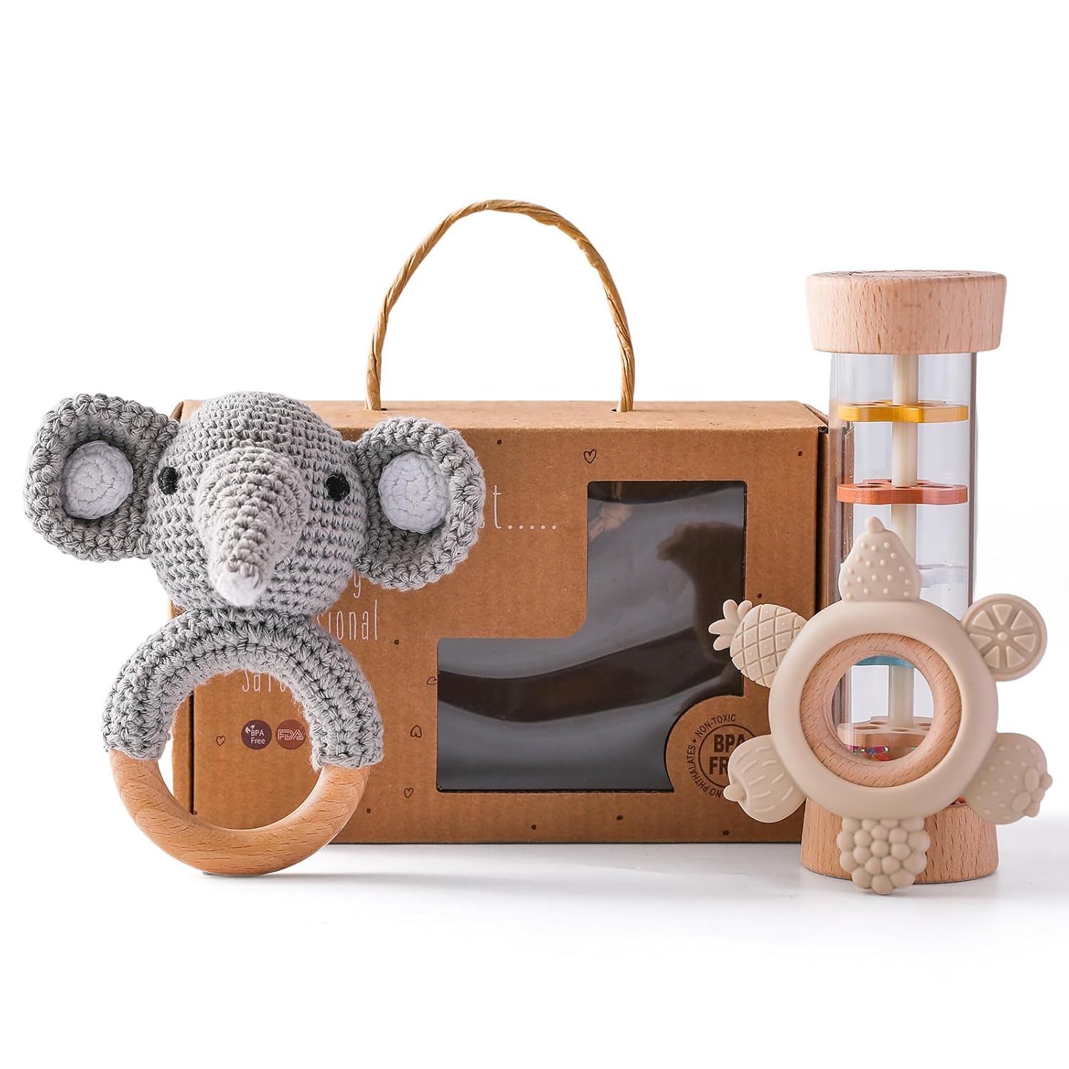 Youuys Wooden Baby Rattle Set 3pcs Gray Elephant