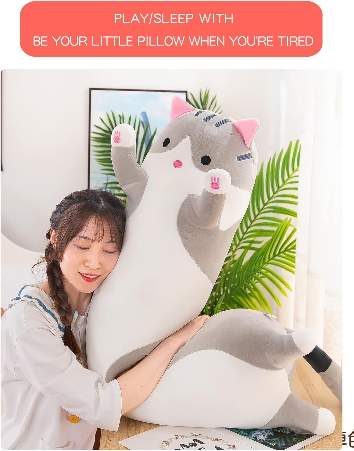 Yeqivo Long Plush Cat Pillow Grey 70CM