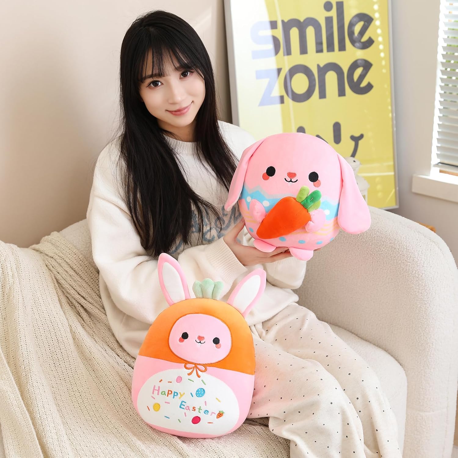 Pink Bunny Plush Stuffed Animal Toy with Carrot - 10 Inch Easter Pillow Gift