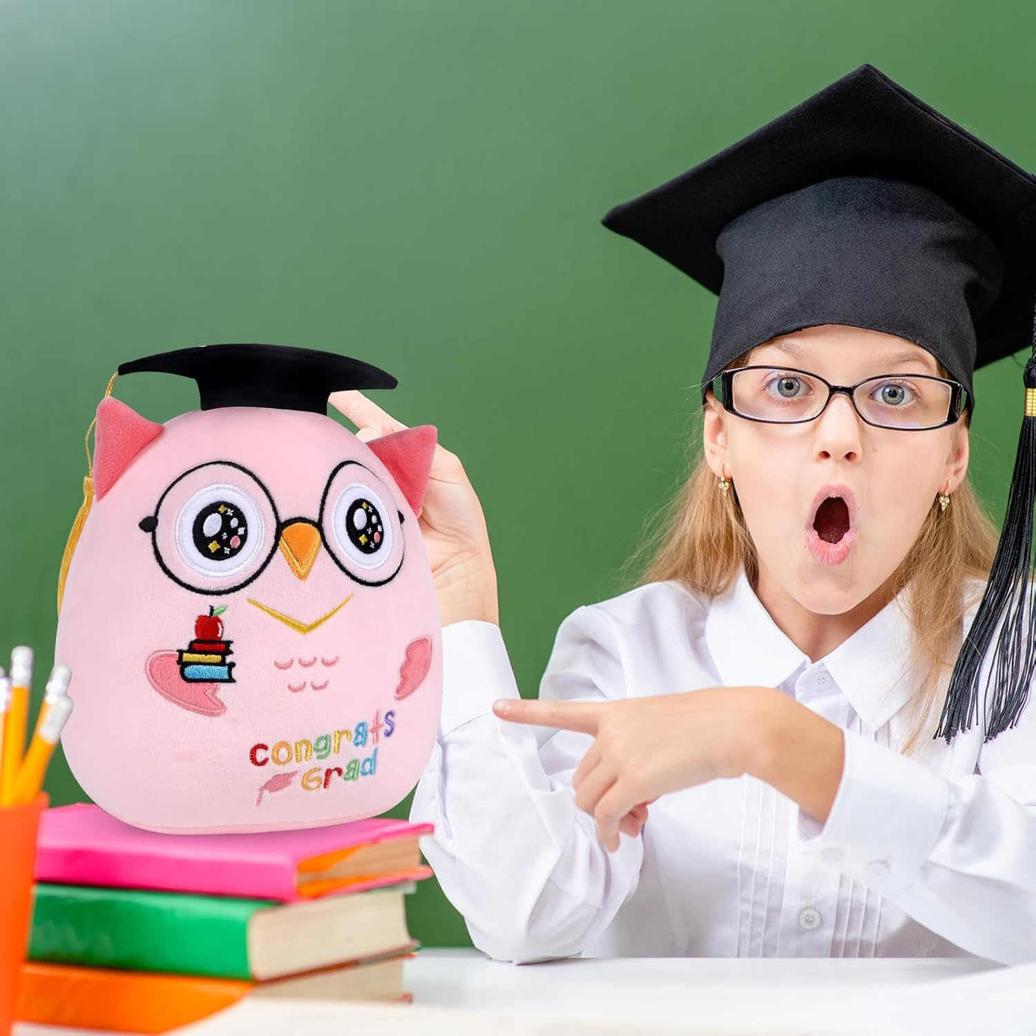 Pink Owl Graduation Plush 8 Inch Commemorative Graduation Pillow with Black Cap