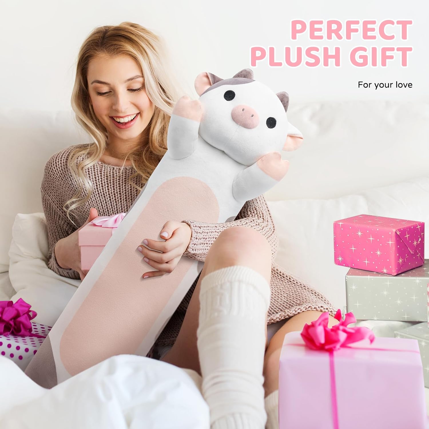 Mewaii Long Plush Cow Pillow for Cuddling and Comfort