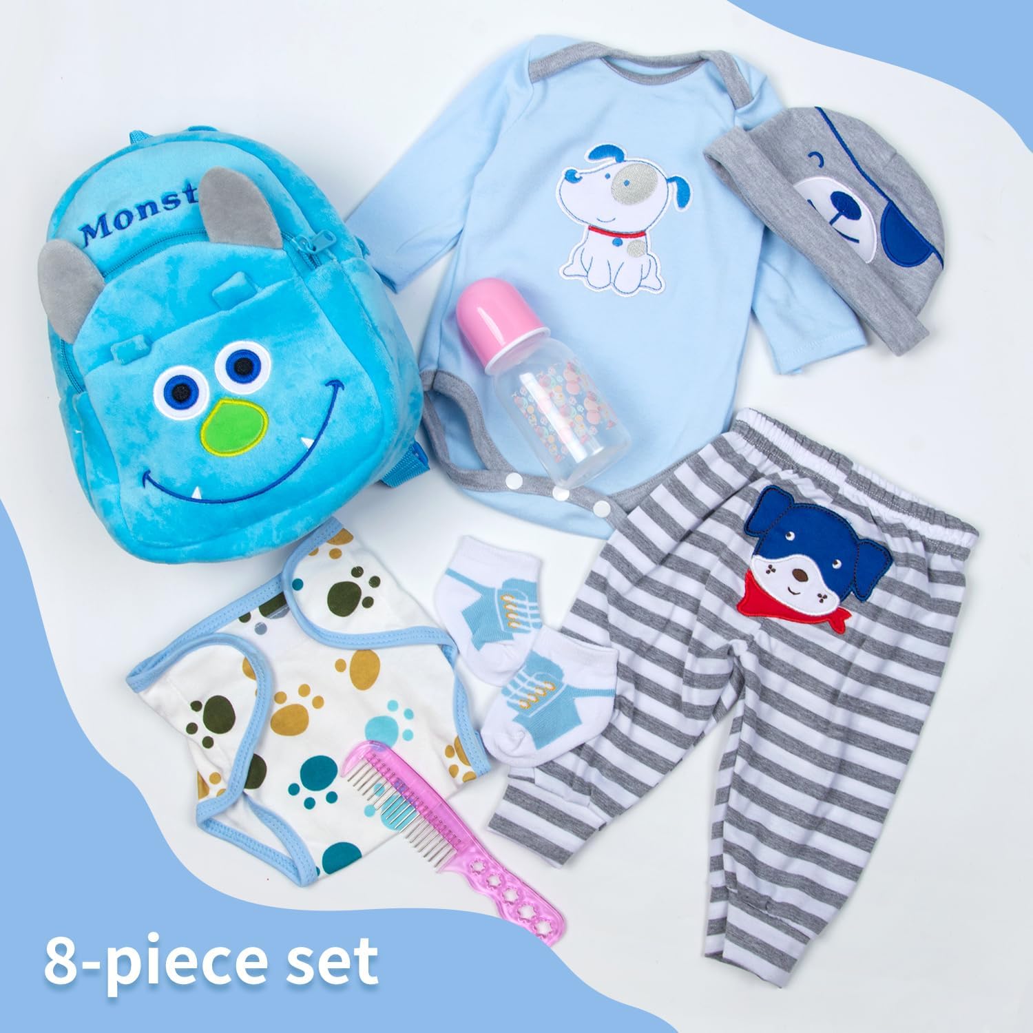 PEDOLLTREE 8 Pcs Reborn Baby Boy Doll Clothes Blue Puppy Set