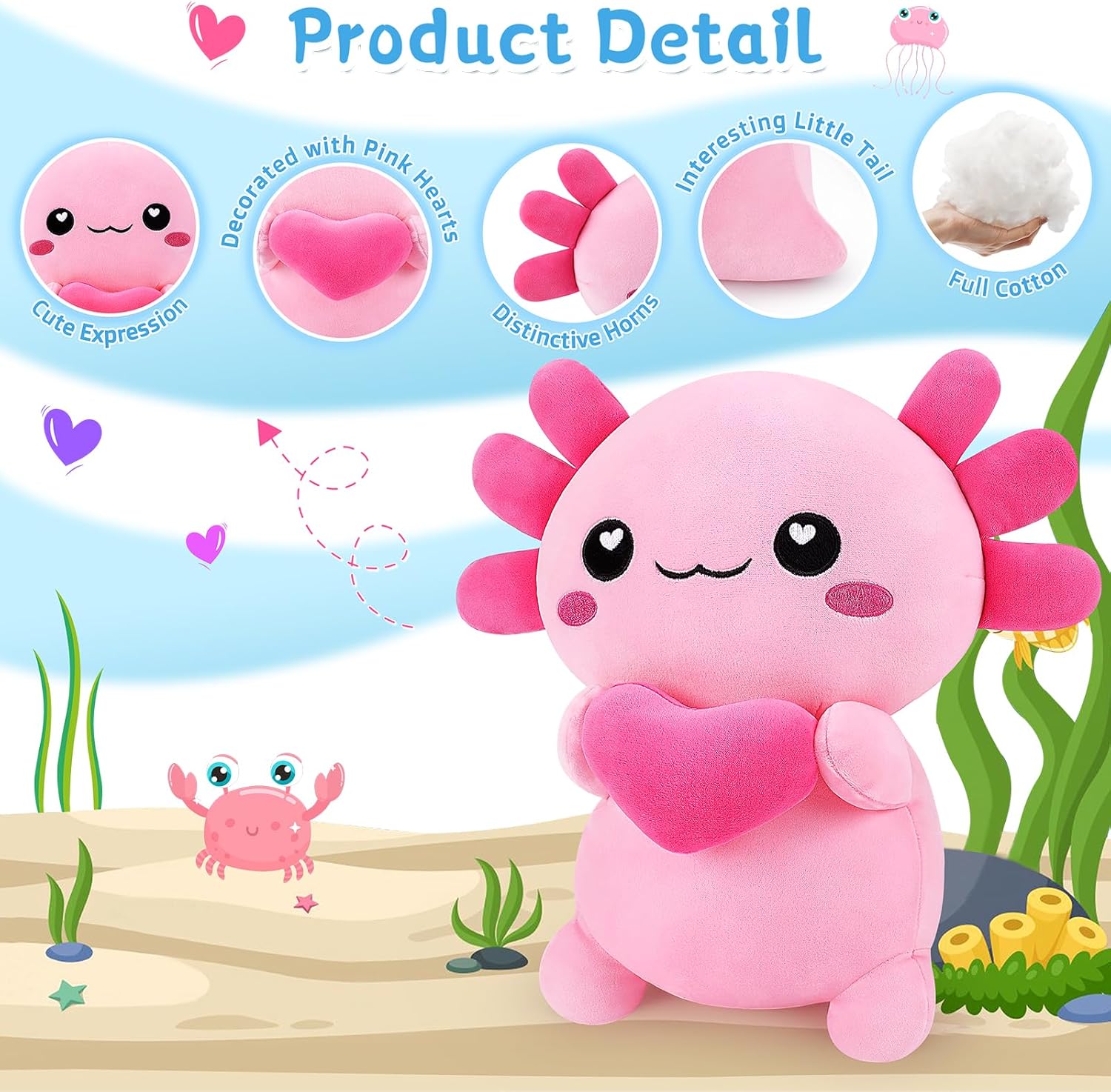 Achwishap Axolotl Plush Pillow 14 Inch Cuddly Stuffed Animal