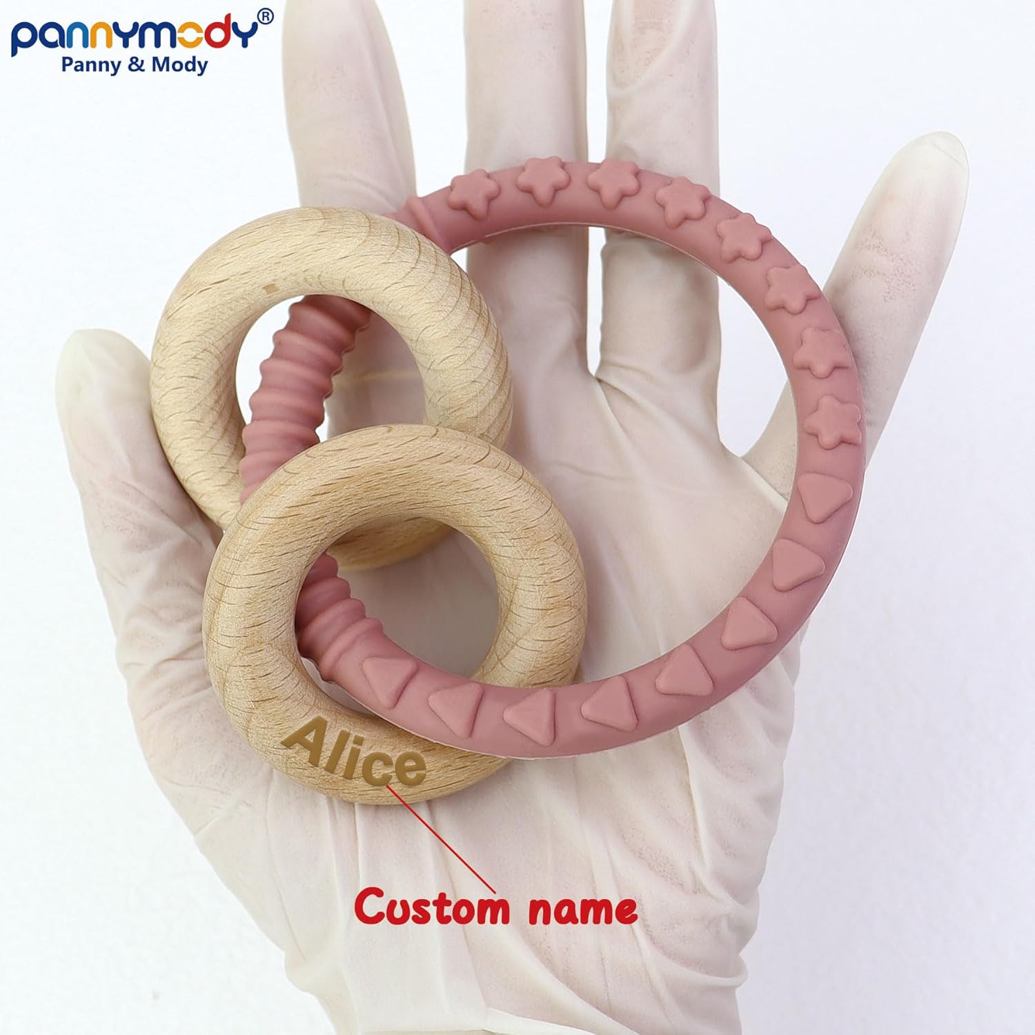 Personalized Name Baby Rattle Teether Ring Pink