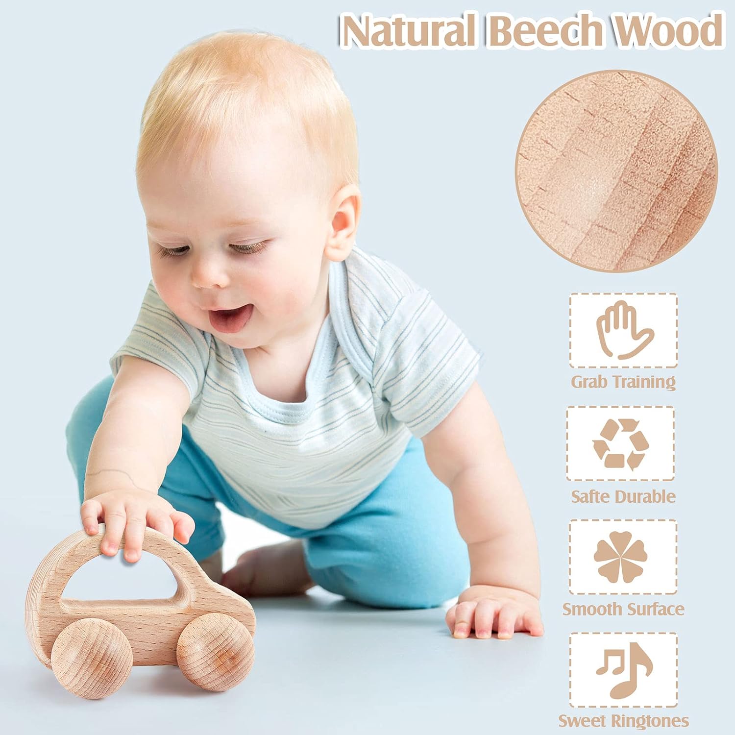 Zhanmai 5-Piece Wooden Baby Toys with Bells and Rattles