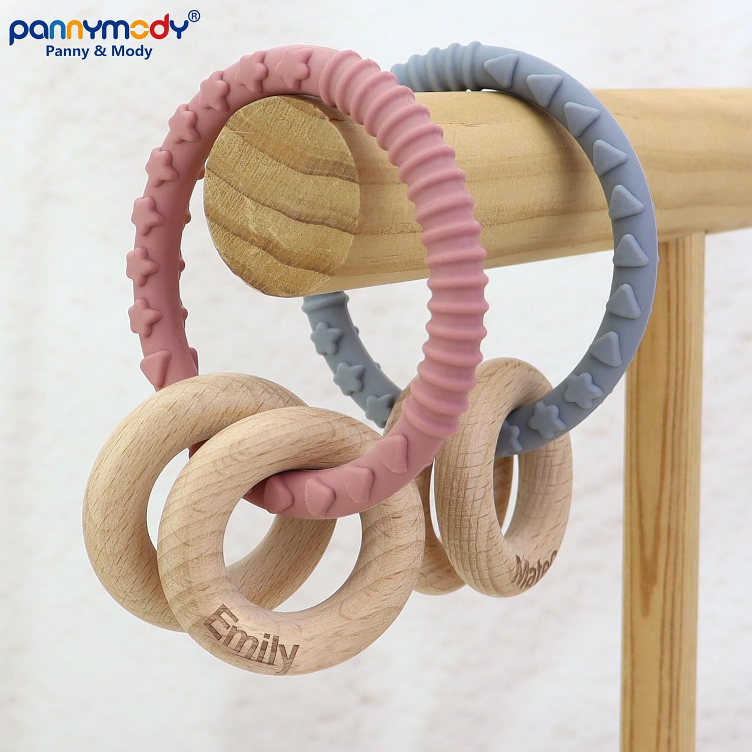Personalized Name Baby Rattle Teether Ring Pink