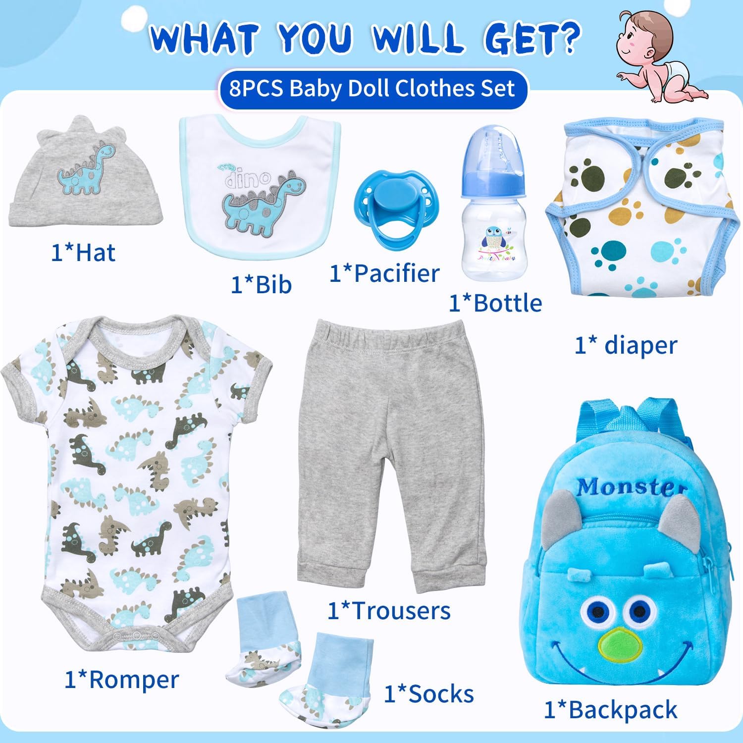 Pedolltree 9 Pcs Reborn Baby Doll Blue Dinosaur Outfit Accessories Set