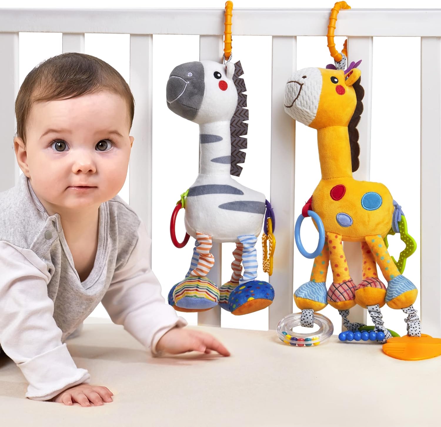 TUMAMA Hanging Toys 2 Pack - Plush Giraffe Zebra Rattle