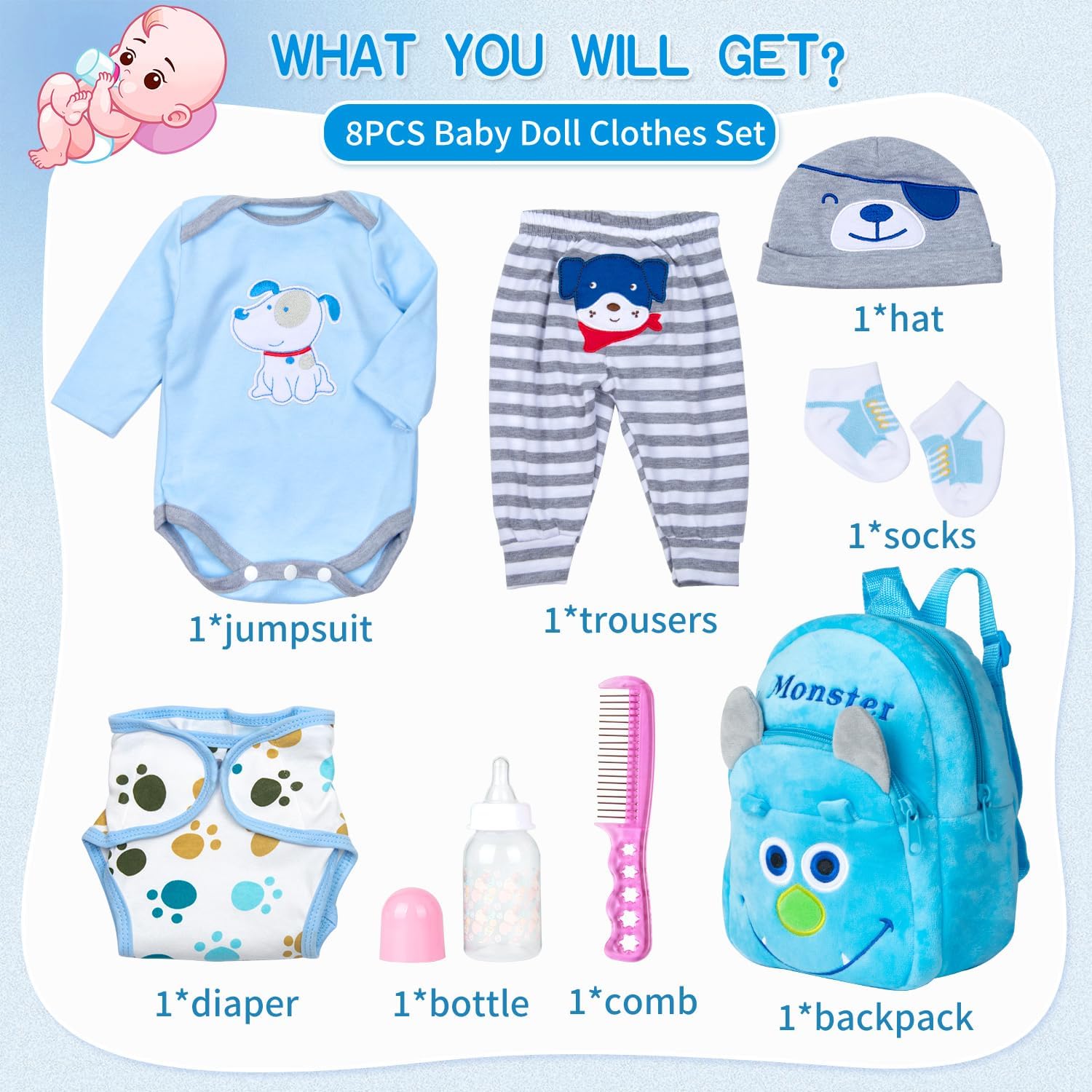 PEDOLLTREE 8 Pcs Reborn Baby Boy Doll Clothes Blue Puppy Set