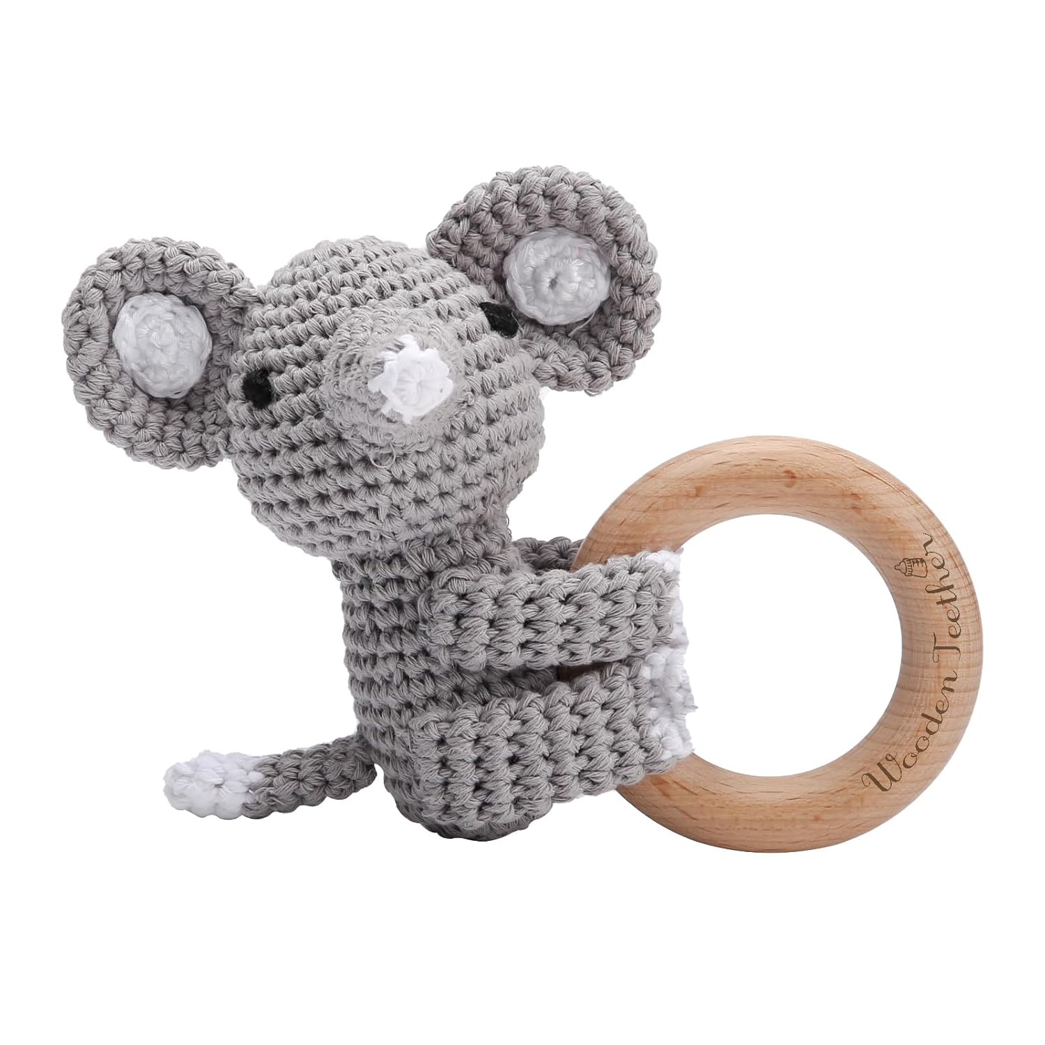 Wooden Teether Crochet Baby Rattle - Gray Elephant