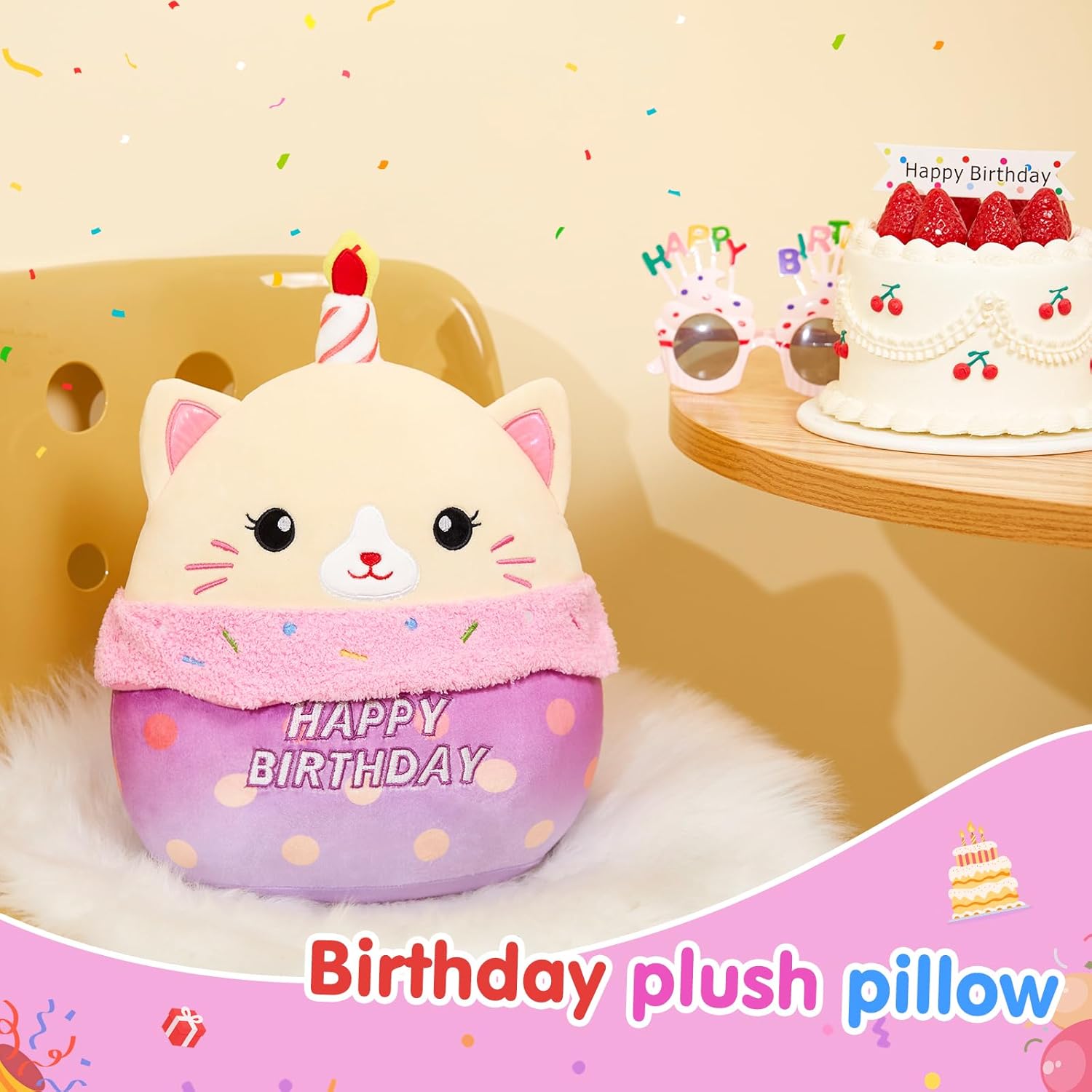 Athionsu 14 Inch Birthday Cat Plush Pillow