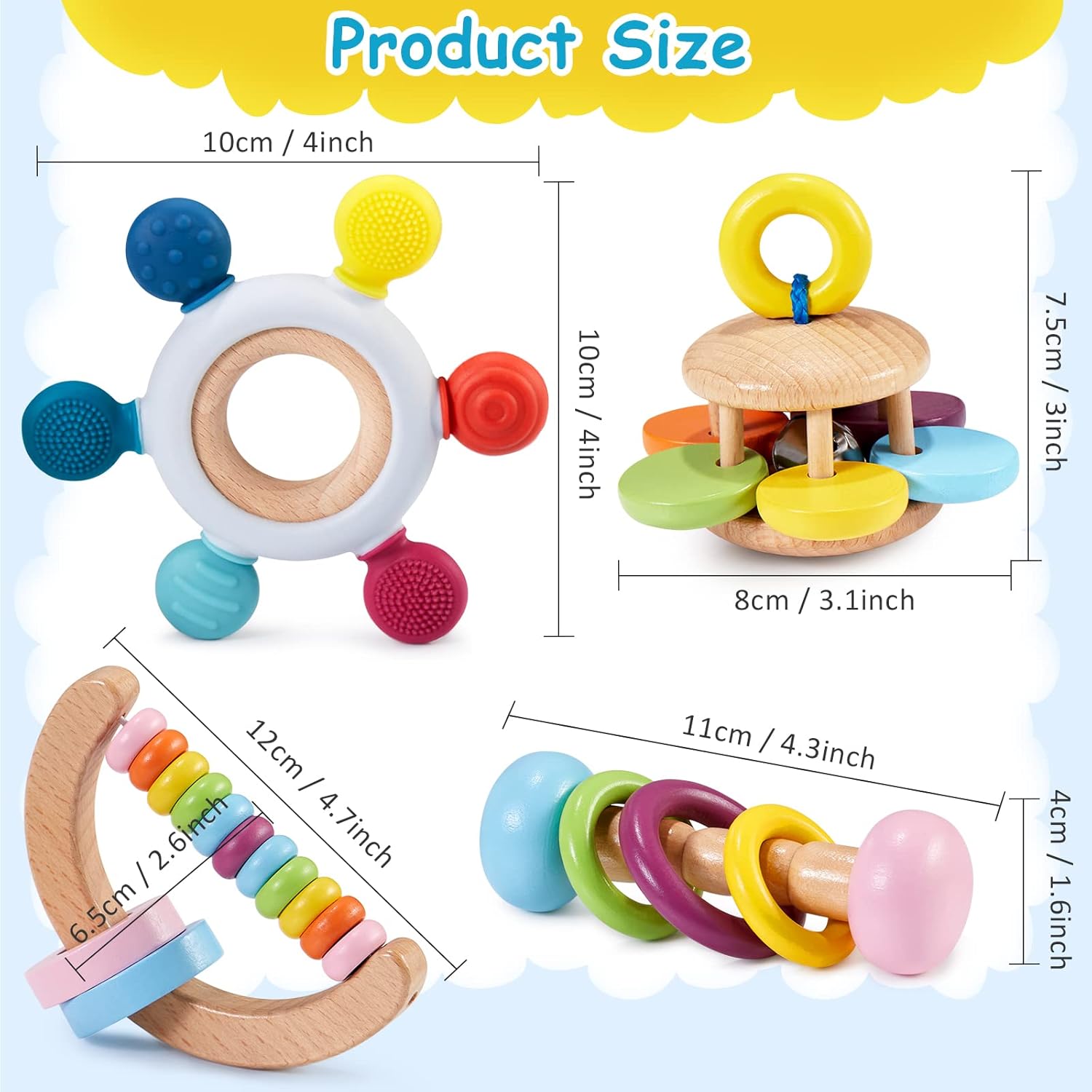 Chivao 4 Pcs Wooden Baby Rattle Set
