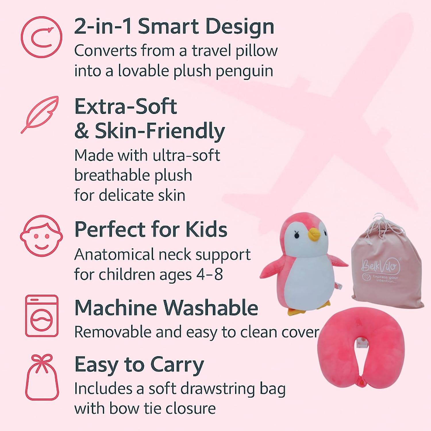 BelkVilo 2-in-1 Plush Penguin Travel Pillow Medium 122 in Pink