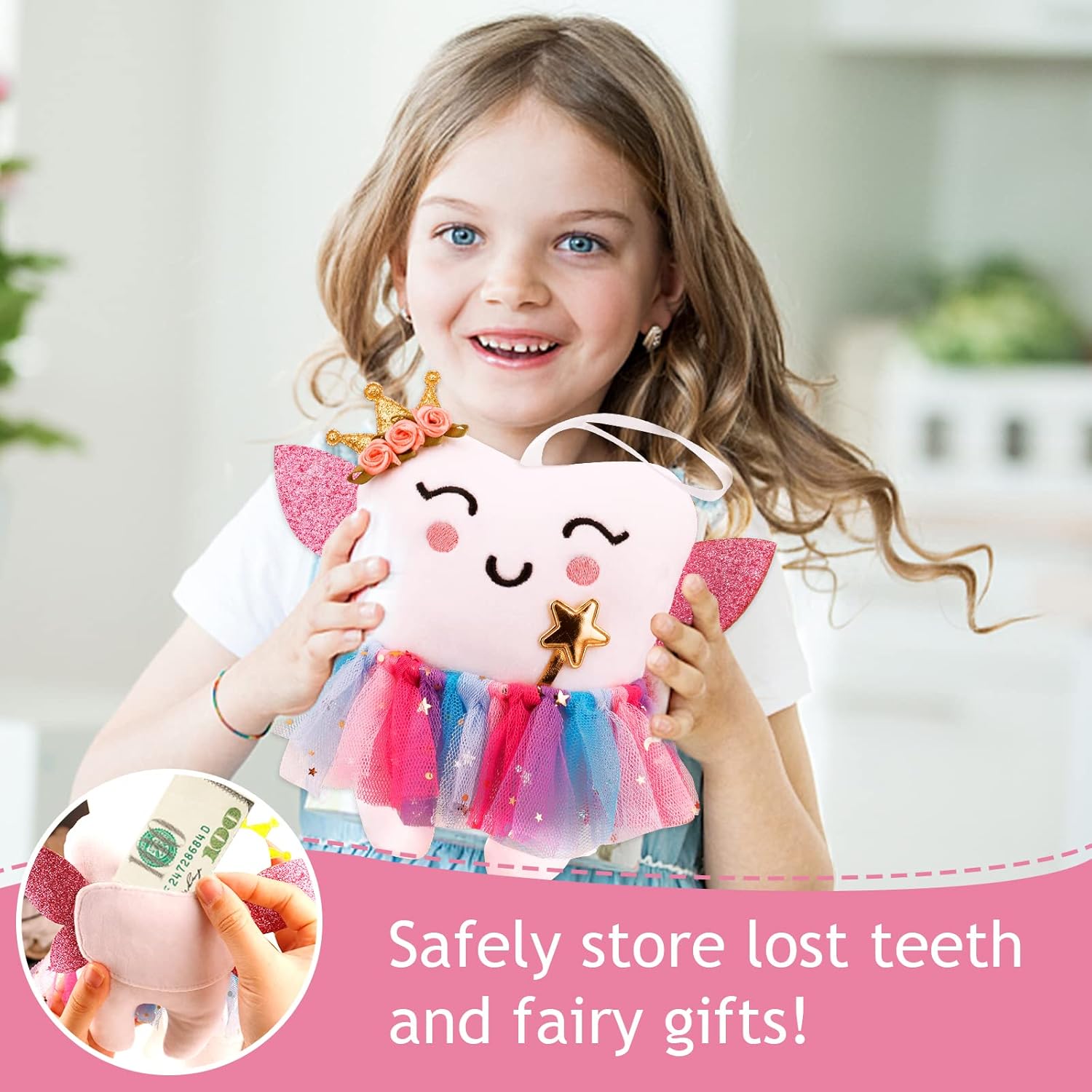 SQIMZAR Tooth Fairy Pillow for Girls with Glittering Wings