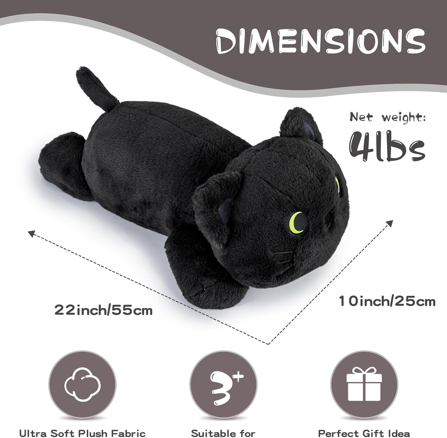 22 Inch Big Weighted Stuffed Animal Black Cat Plush Pillow