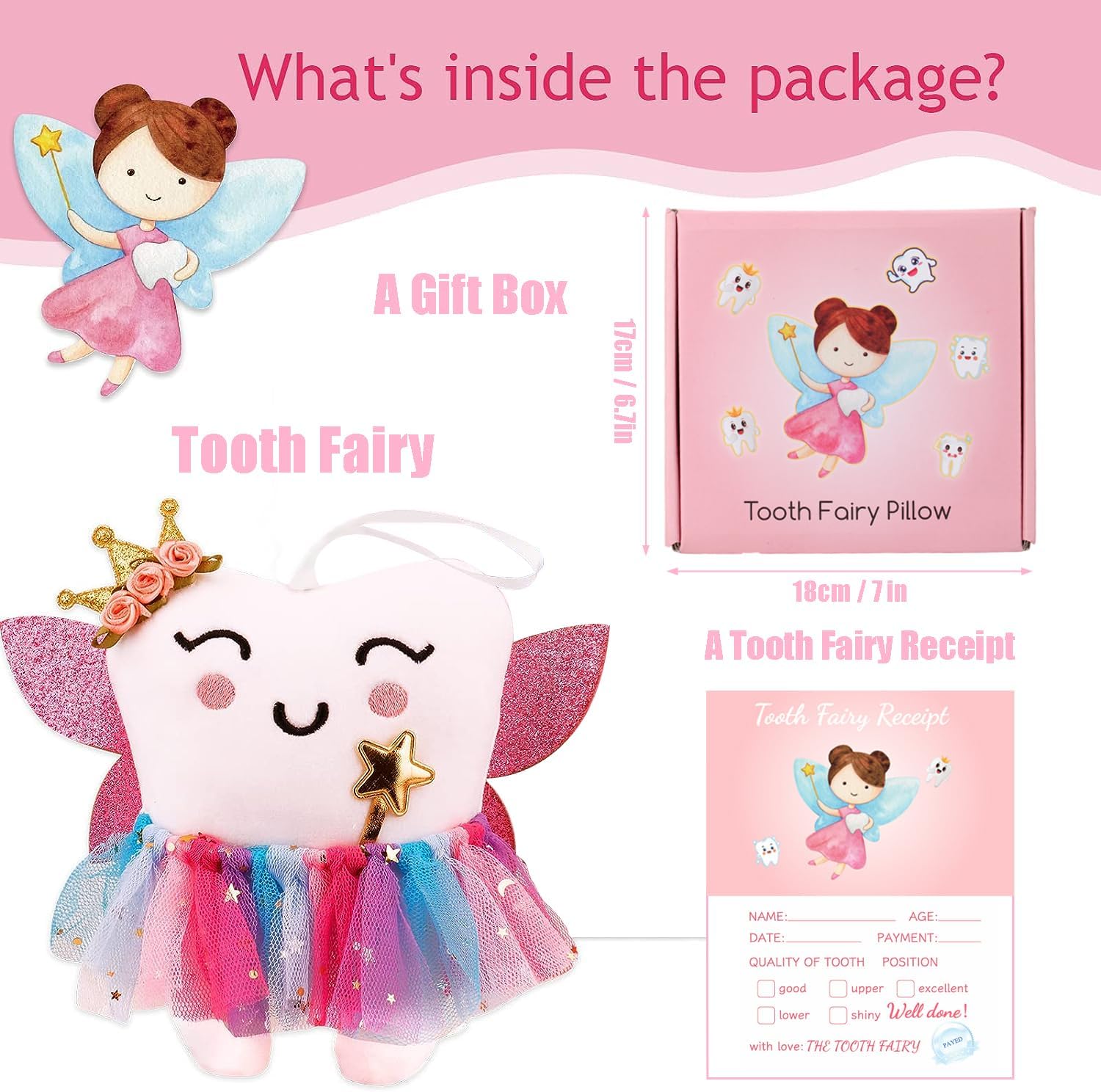 SQIMZAR Tooth Fairy Pillow for Girls with Glittering Wings